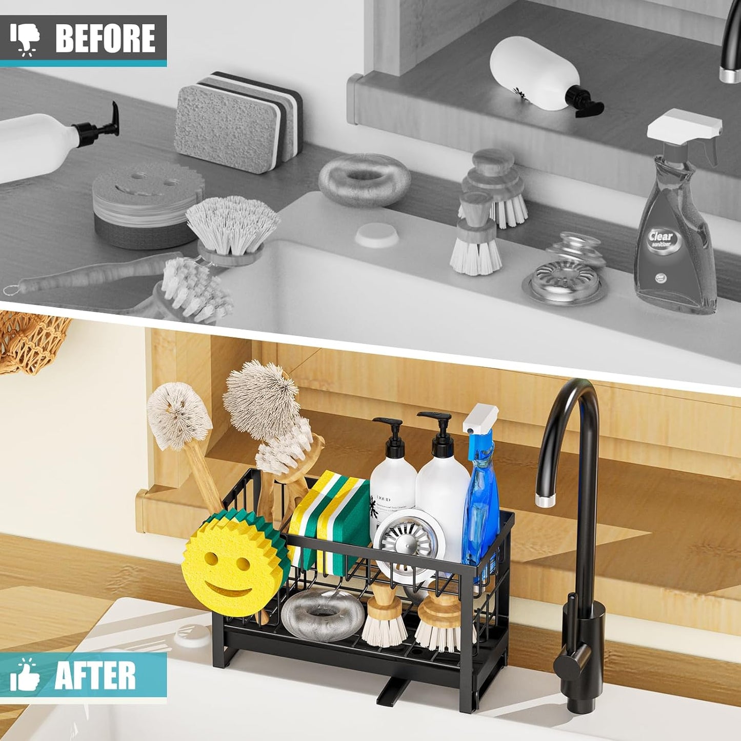 Sponge Holder for Kitchen Sink with Flexible Sink Caddy Smiley Face,2 Tier Kitchen Sponge Holder Countertop and Storage Essentials,Soap Dispenser Organize,Home Decor Accessories-Black