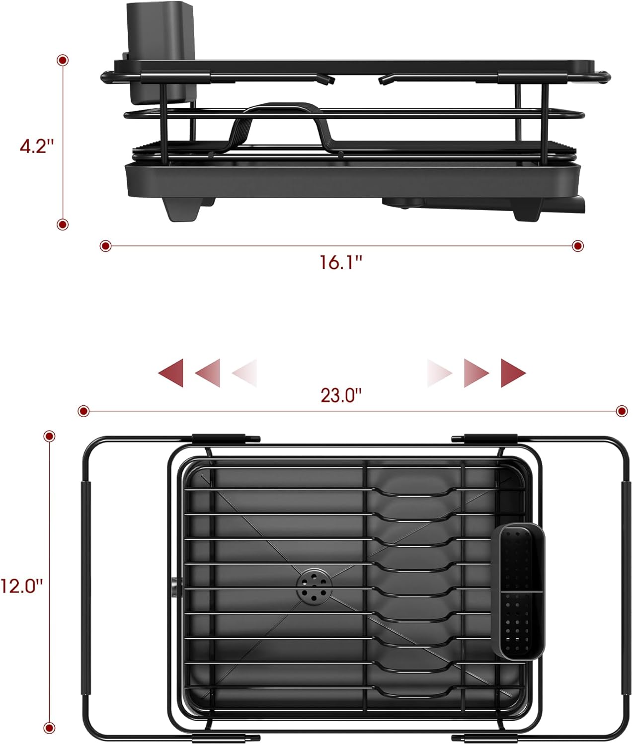 Stainless Steel Dish Drying Rack for Kitchen Counter, Sink Organization and Storage Essentials with Silverware & Utensil Holder, Home and Apartment Decor, 12" W x 15.8~23" L, Black