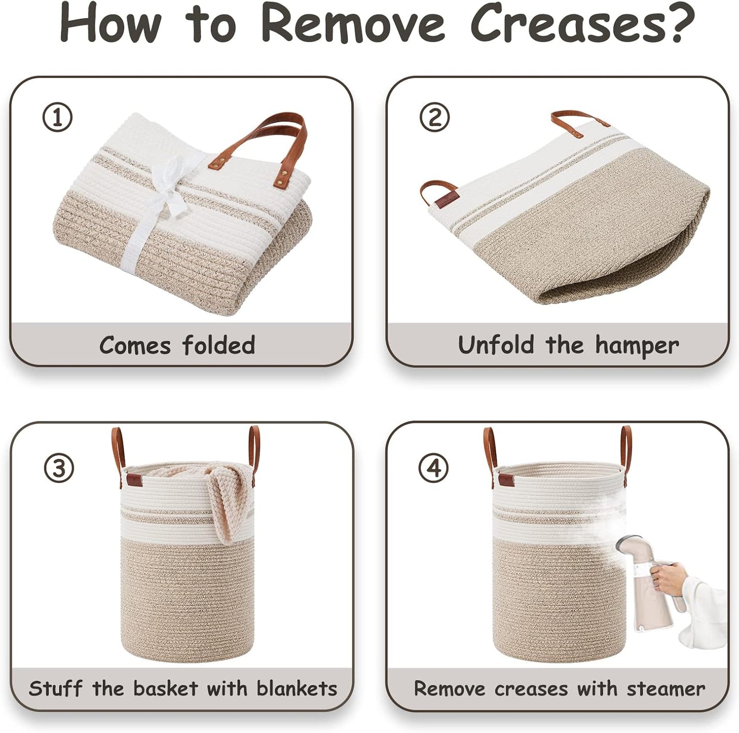 VIPOSCO Small Laundry Basket, Slim Baby Hamper with Leather Handle, Cute Woven Rope Storage Basket for Blanket, Kids Toy, Clothes In Living Room, Bathroom, Bedroom, Nursery Room - 30L Brown & White