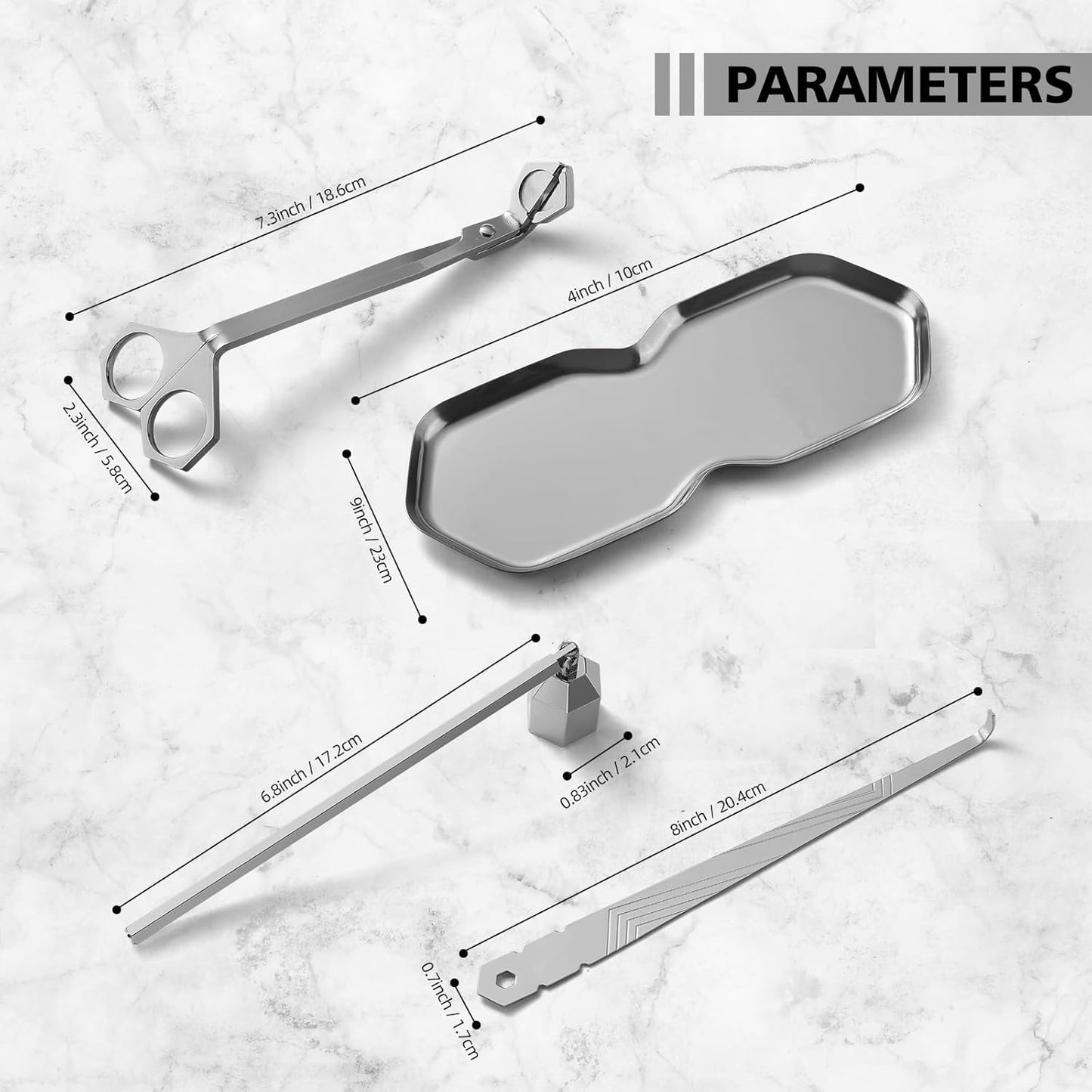 PATOISE 4 in 1 Candle Accessory Set, Wick Trimmer, Candle Snuffer, Wick Scoop, Storage Tray, Perfect for Candle Lovers (Silver)