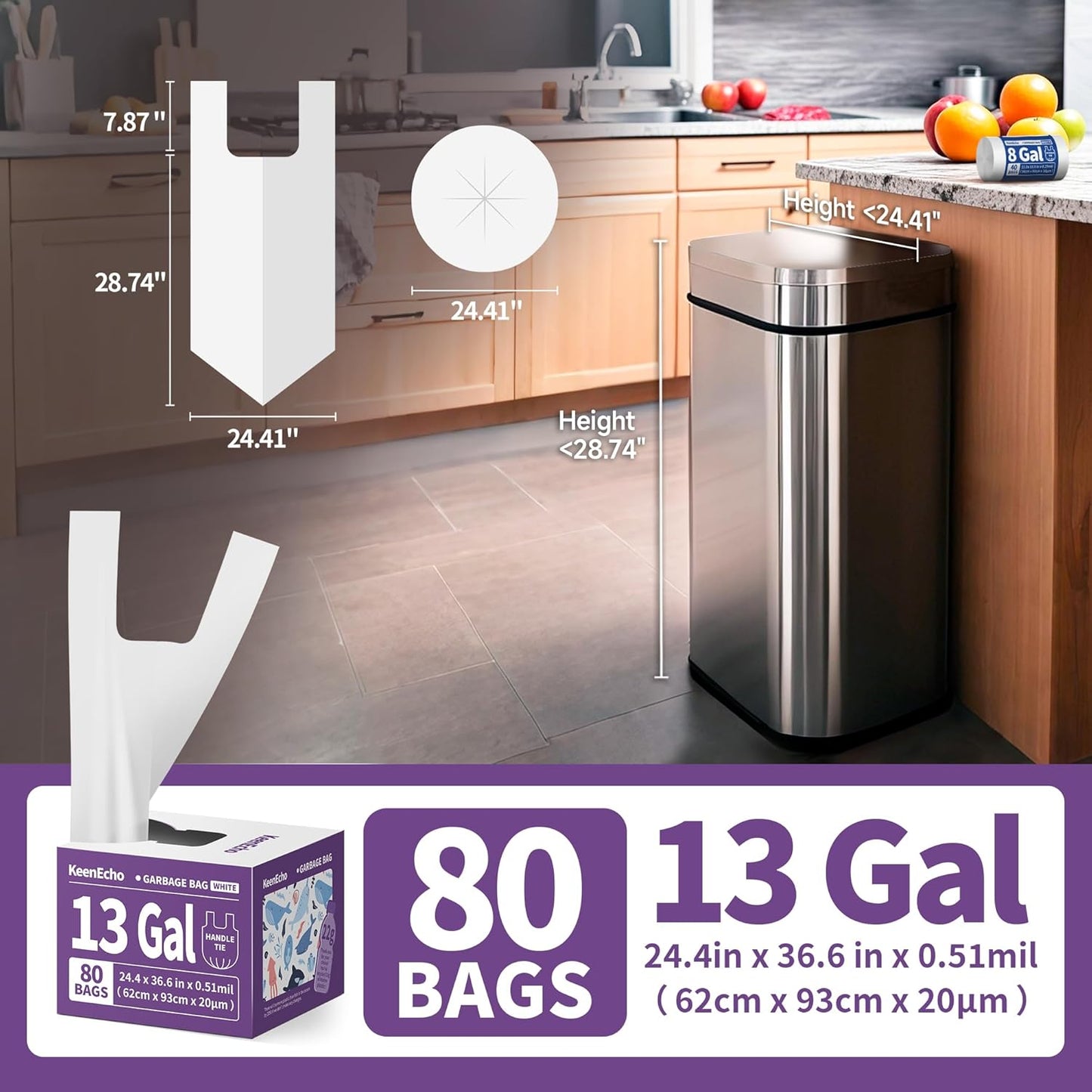 Small Trash Bags with Handles 13 Gallon 80 Count White - Ocean Plastic Upcycling - Plastic Garbage Bags, Can Bin & Waste Basket Liner for Kitchen, Bathroom, Office and Pets