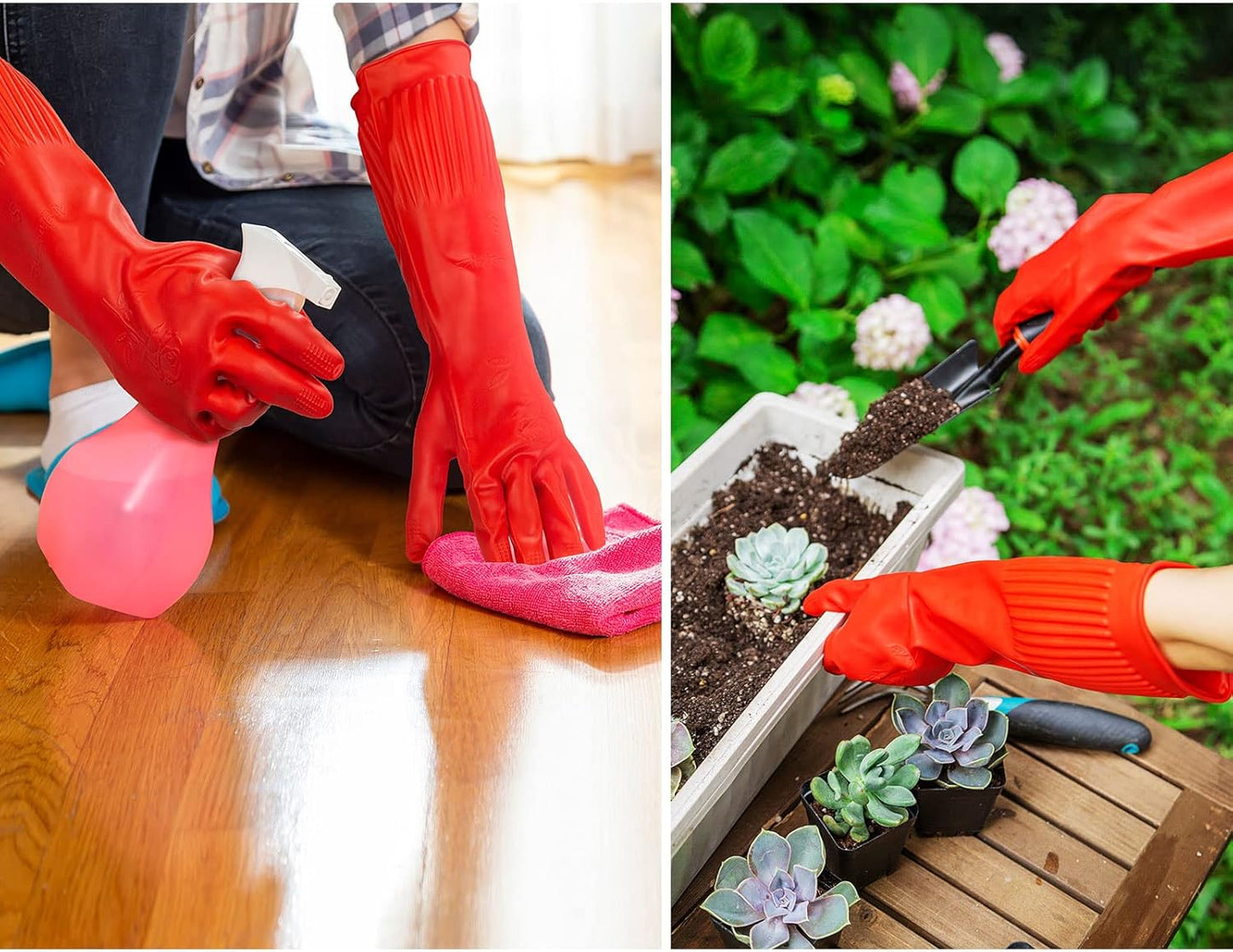 Vgo... 10-Pairs Dishwashing Gloves, Reusable Household Gloves, Long Sleeve, Thick Latex, Cleaning, Washing, Working, Painting, Gardening, Pet Care (Size L, Red, RB2143)