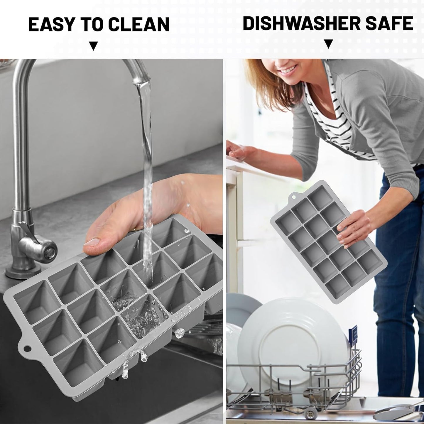 Silicone Ice Cube Trays 3Packs, Easy Release Ice Cube Molds with Lid, Freezer Stackable Ice Maker for Whiskey, Baby Food, BPA Free (Grey)