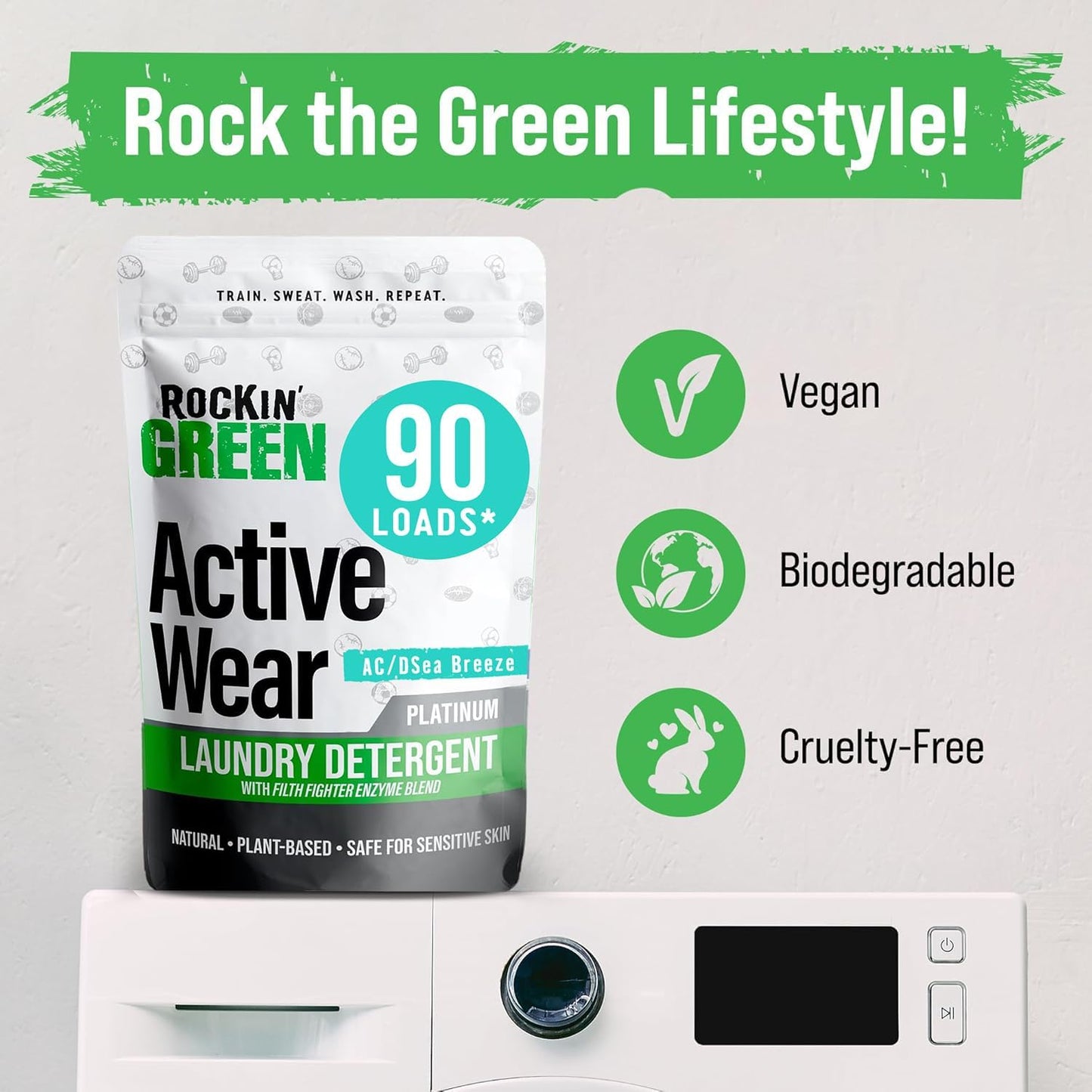 Rockin' Green Laundry Detergent, Plant based, All Natural Laundry Detergent Powder, Vegan and Biodegradable Odor Fighter, Safe for Sensitive Skin (Active Wear 90 Loads - AC/DSea Breeze)
