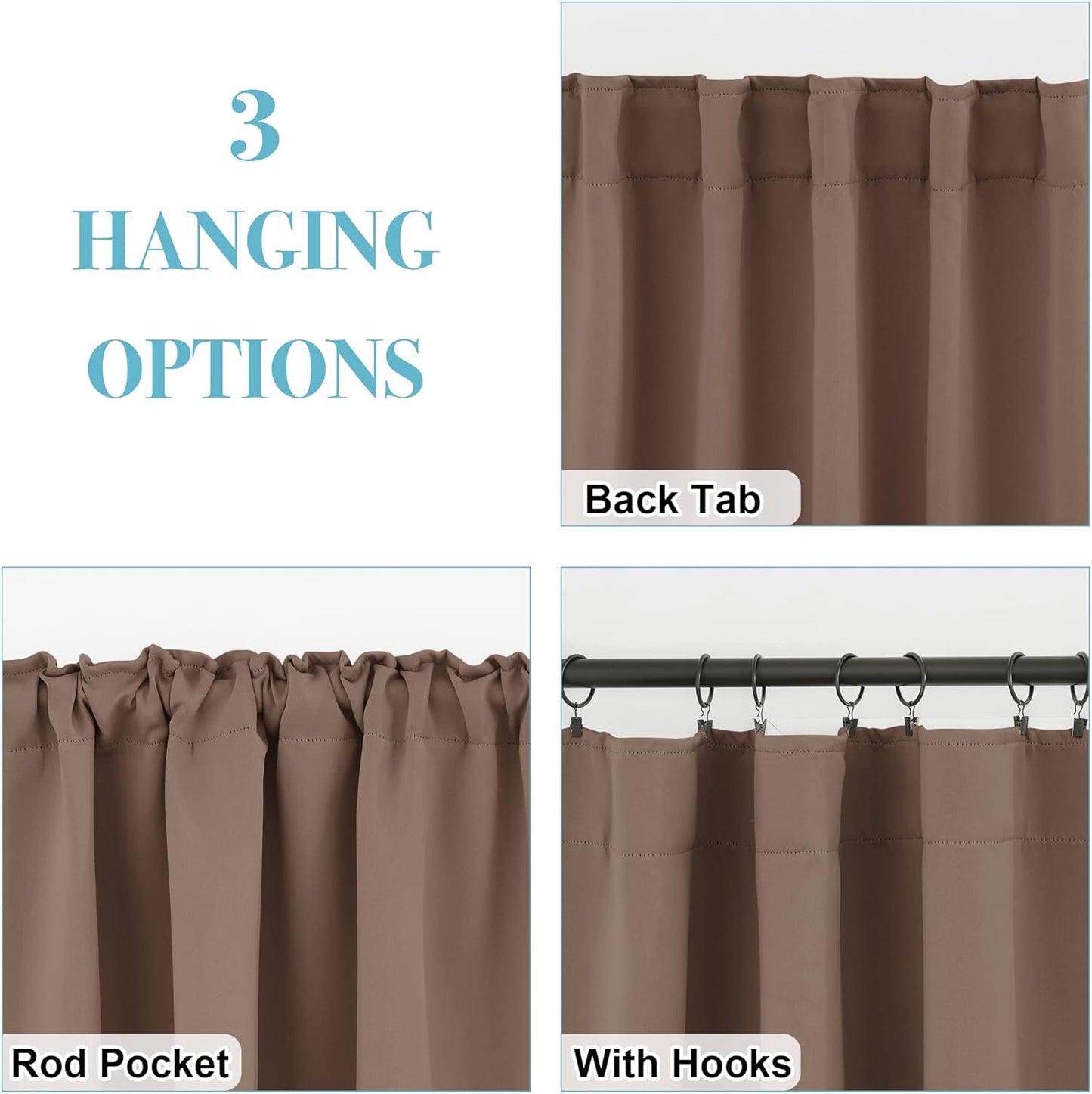 RYB HOME Kitchen Window Curtains - Blackout Privacy Half Window Curtains for Bedroom Bathroom Dining Living Room Cafe Office Short Tiers Drapes, W 34 x L 36 inches, 2 Panels, Mocha