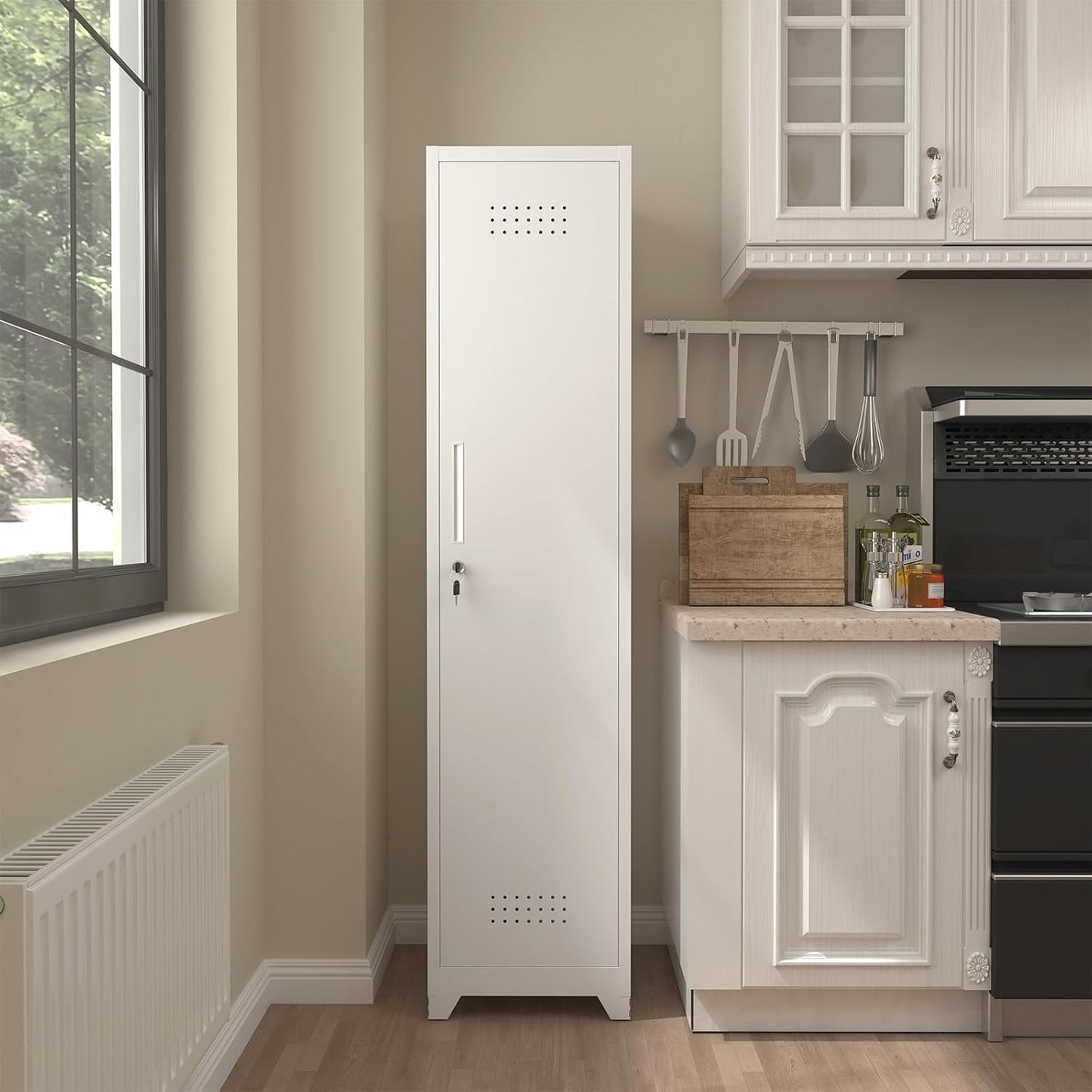 Slim Broom Storage Cabinets, Metal Cabinet with Shelves and Hanging Rod, 65" Utility Storage Cabinet with Locking Door, Tall Cleaning Cabinets for Kitchen, Pantry, Office, Shop, Garage