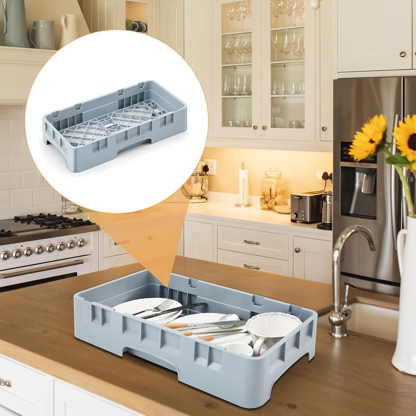 Commercial Dishwasher Tray Rack Polypropylene Full Size Flatware Rack for Bowls Plates Knives Forks Cups (19.7 x 9.84 x 1.97 Inch,Gray)