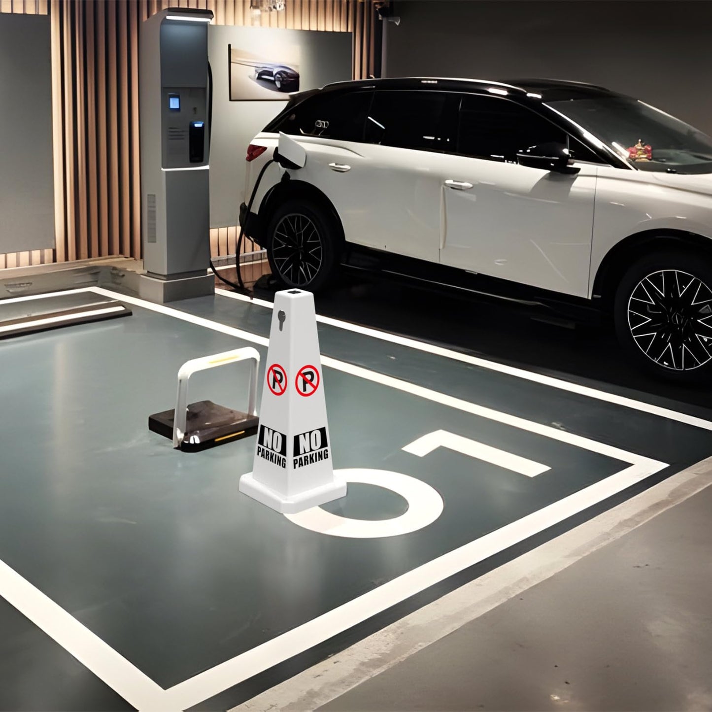 Plastic Traffic Cones, 4-Sided Message Cones, Road Safety Parking Cones, Standing Traffic Warning Signs for Cleaning Area, Garage, No Entry (8, No Parking, Large)