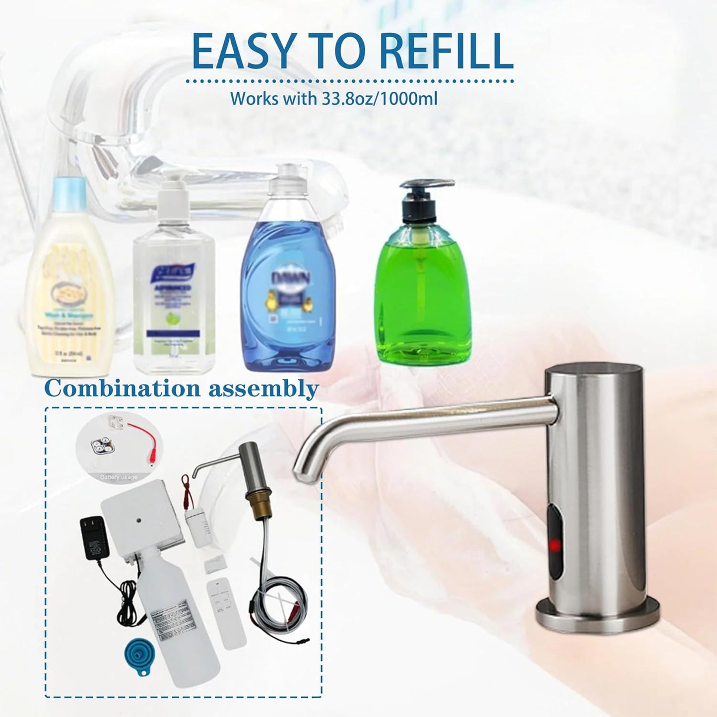 Automatic Soap Dispenser Touchless for Kitchen and Bathroom, Sink Built in Commercial Electric Soap Dispenser,Upgraded Infrared Sensors Brass Material, with Bottle and Pump 33.81oz/1000ml