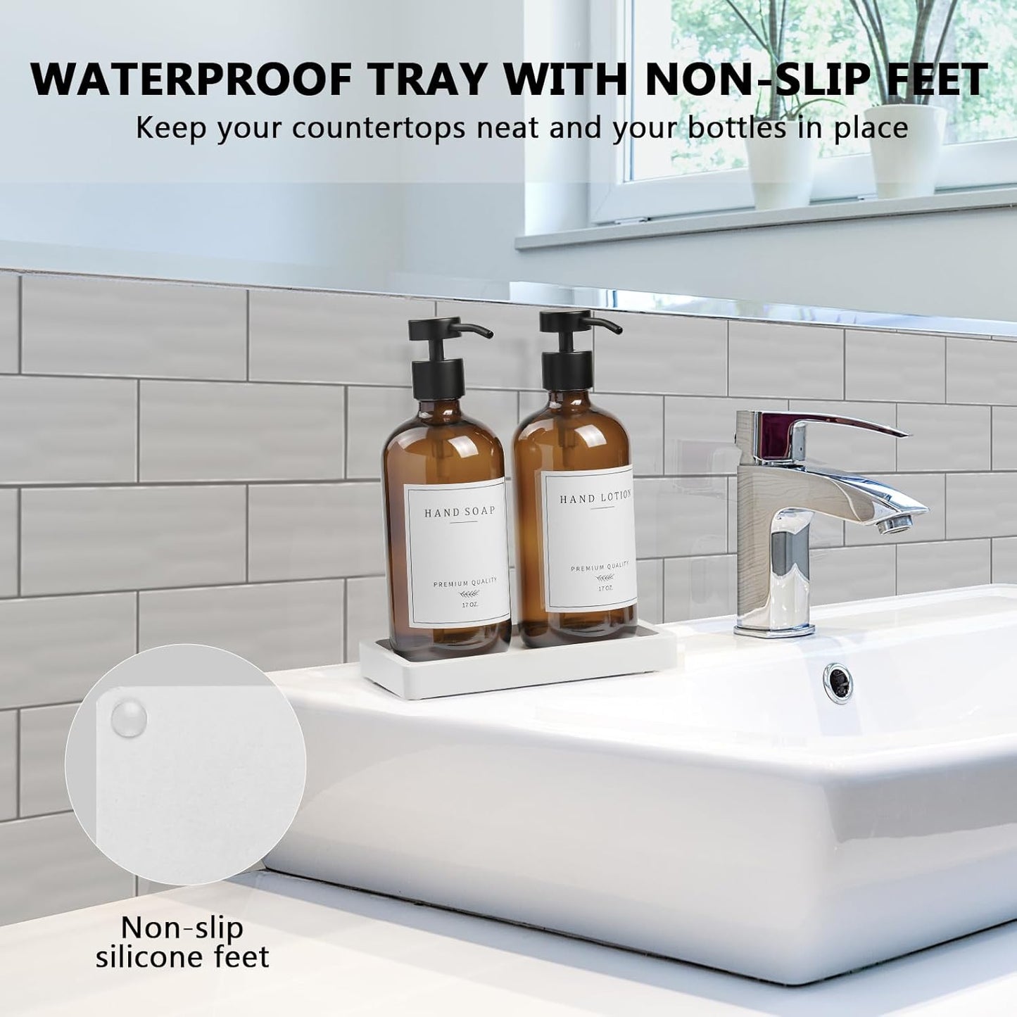 Amber Glass Soap Dispenser - Dish Hand Soap Dispenser for Kitchen, Bathroom Soap Lotion Dispenser with Pump, Refillable Liquid Soap Pump Dispenser Set with Tray, Amber Bottle/Black Pump-pd