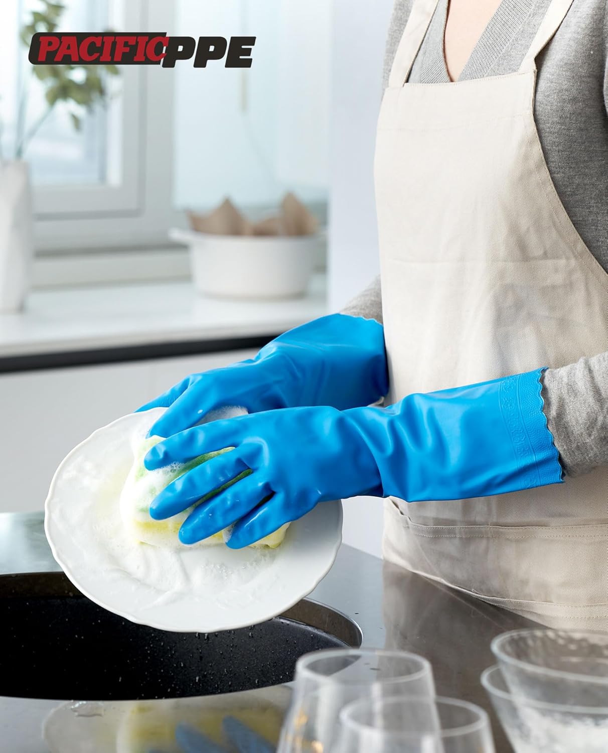 PACIFIC PPE 2 Pairs Reusable Dishwashing Cleaning Gloves with Latex Free, Cotton Lining, Kitchen Gloves, Blue, Large