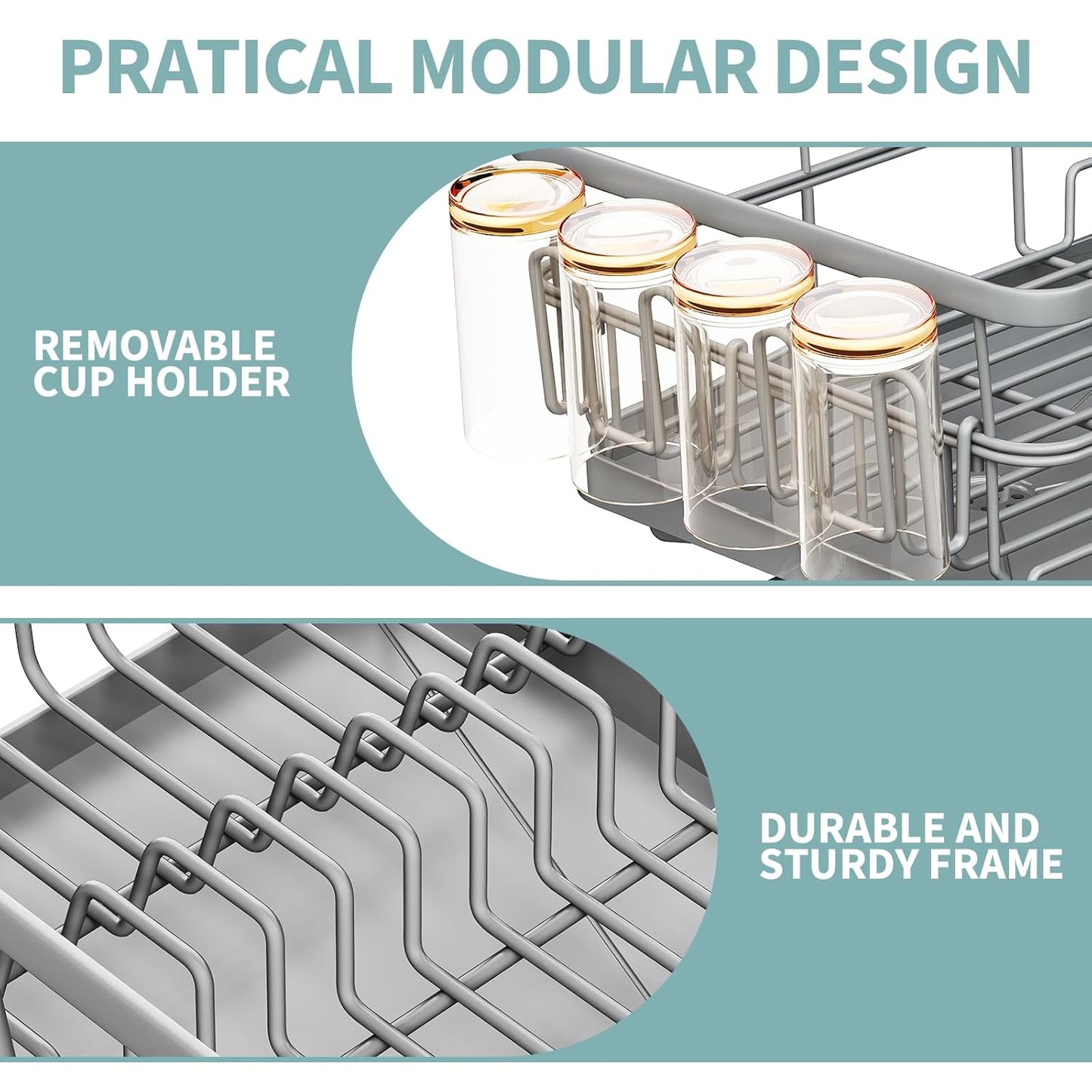 Dish Drying Rack for Kitchen Counter, Large Dish Racks with Drainboard, Kitchen Sink Dish Strainer Rack, Countertop Dish Drainer Rack with Cup & Utensil Holders, Dish Dryer Rack Large Size Gray