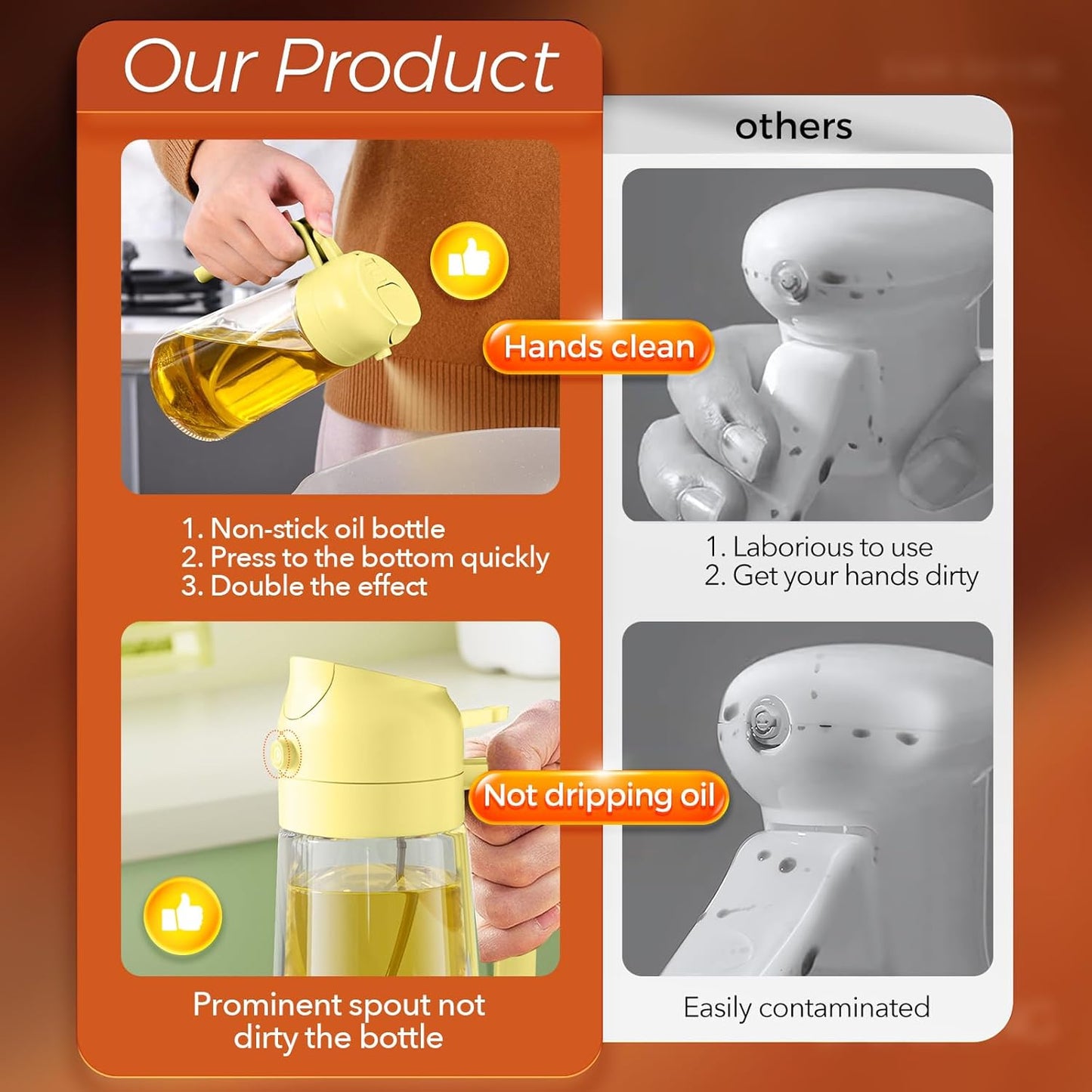 YARRAMATE 16oz/470ml Glass Olive Oil Sprayer for Cooking with Stickers, 2 in 1 Oil Dispenser for Kitchen Gadgets, Food Grade Premium Spray Bottle for Salad, Frying, BBQ (Pomelo)