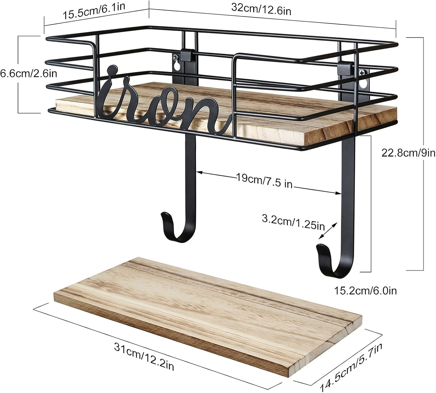 TJ.MOREE Hanger wall mount - Laundry Room Iron and ironing board Holder, Metal with Large Storage Wooden Base Basket and Removable Hooks (Black)