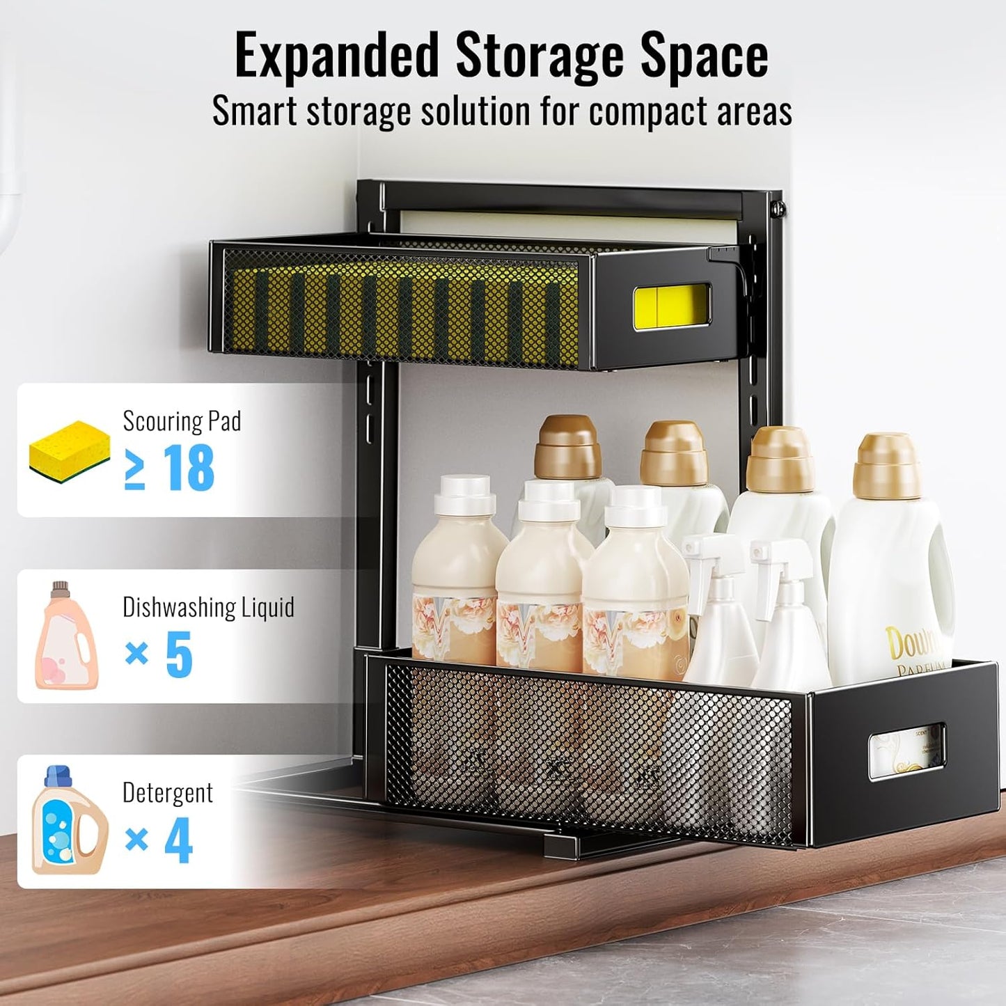 Under Sink Organizer, Silk-Smooth Metal Sliding Drawer Organizers and Storage Rack, Pull Out Cabinet Shelf for Kitchen, Bathroom, Pantry, Cabinet, Closet