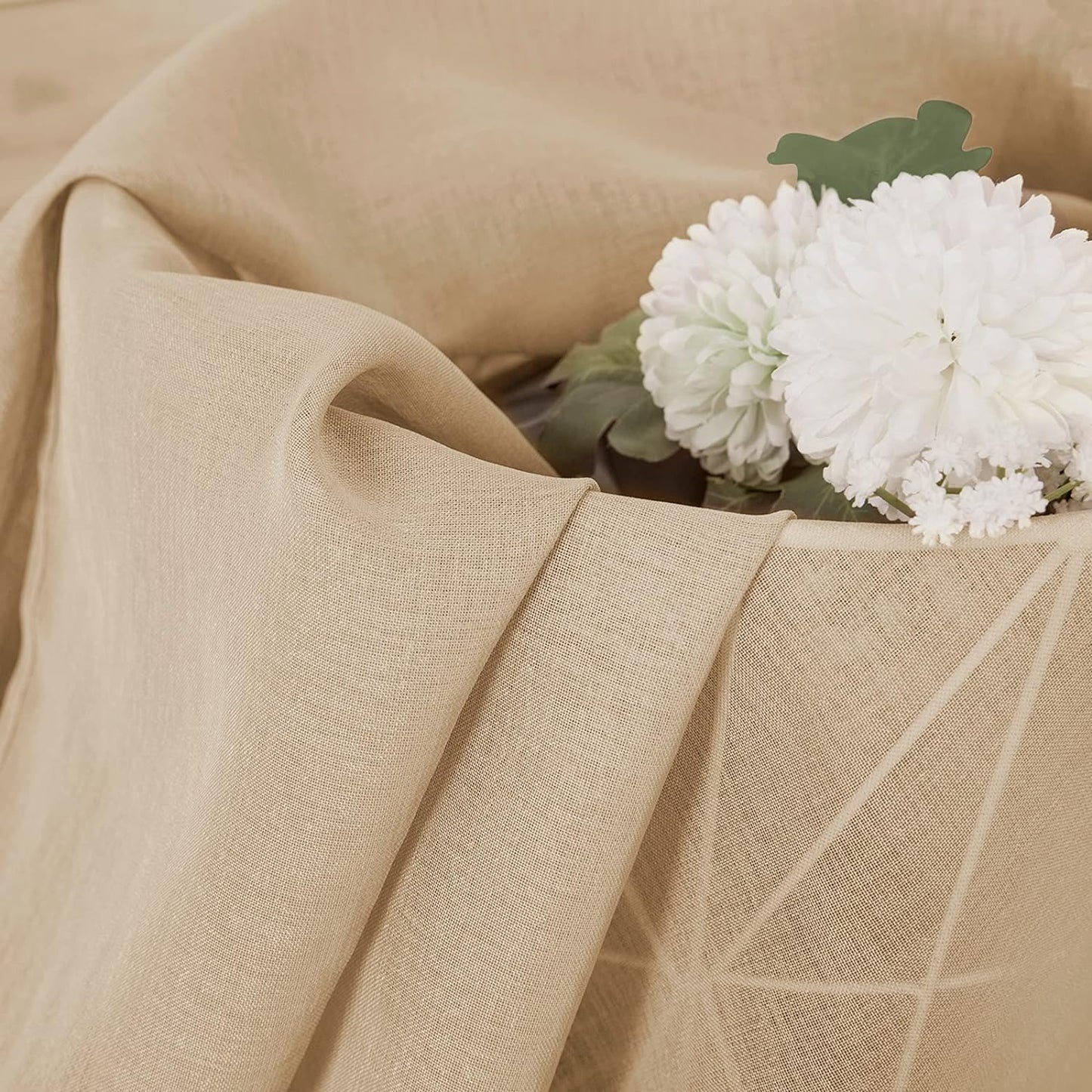 Tollpiz Short Sheer Curtain Linen Textured Bedroom Curtains Sheer Light Filtering Rod Pocket Voile Curtain for Living Room, 54 x 54 inches Long, Beige, Set of 2 Panels