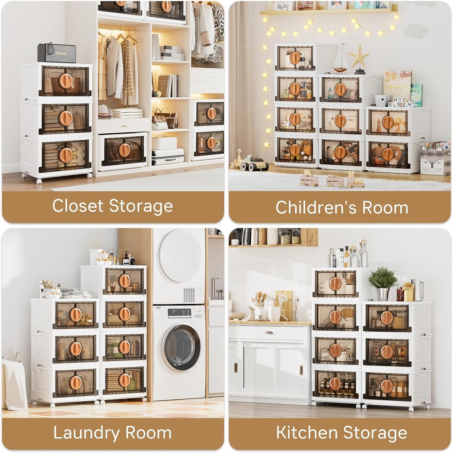 JEKO&JEKO 249Qt Lockable Stackable Storage Bins with Lids, Collapsible Closet Organizer with Wheels, Plastic Cabinet Drawer for Clothes 3 Pack (White)