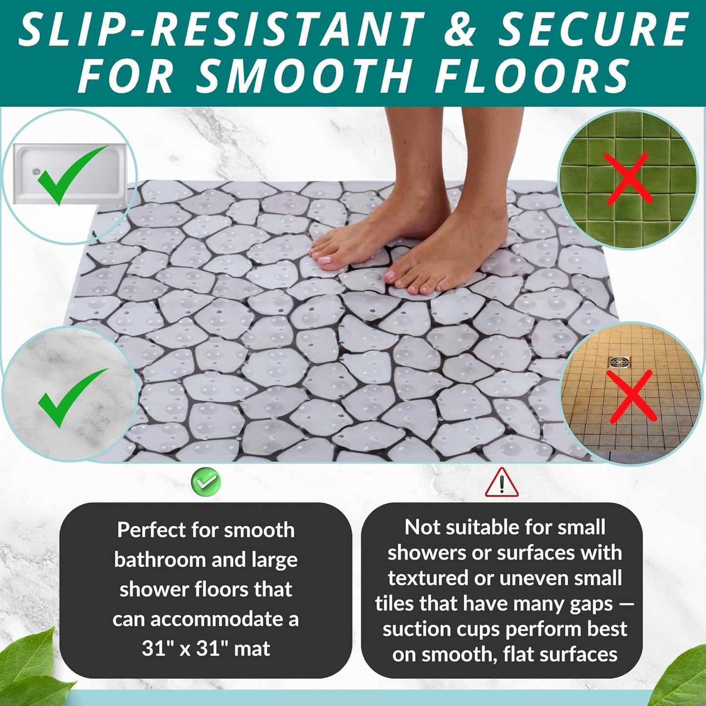 ENKOSI Extra Large Square Non Slip Shower Mat - 31 x 31-inch XL Bathroom Shower Mat - Square Shower Matts for Shower Stall Floors | Secure Suction Cups and Drain Holes (31x31 Pebble)