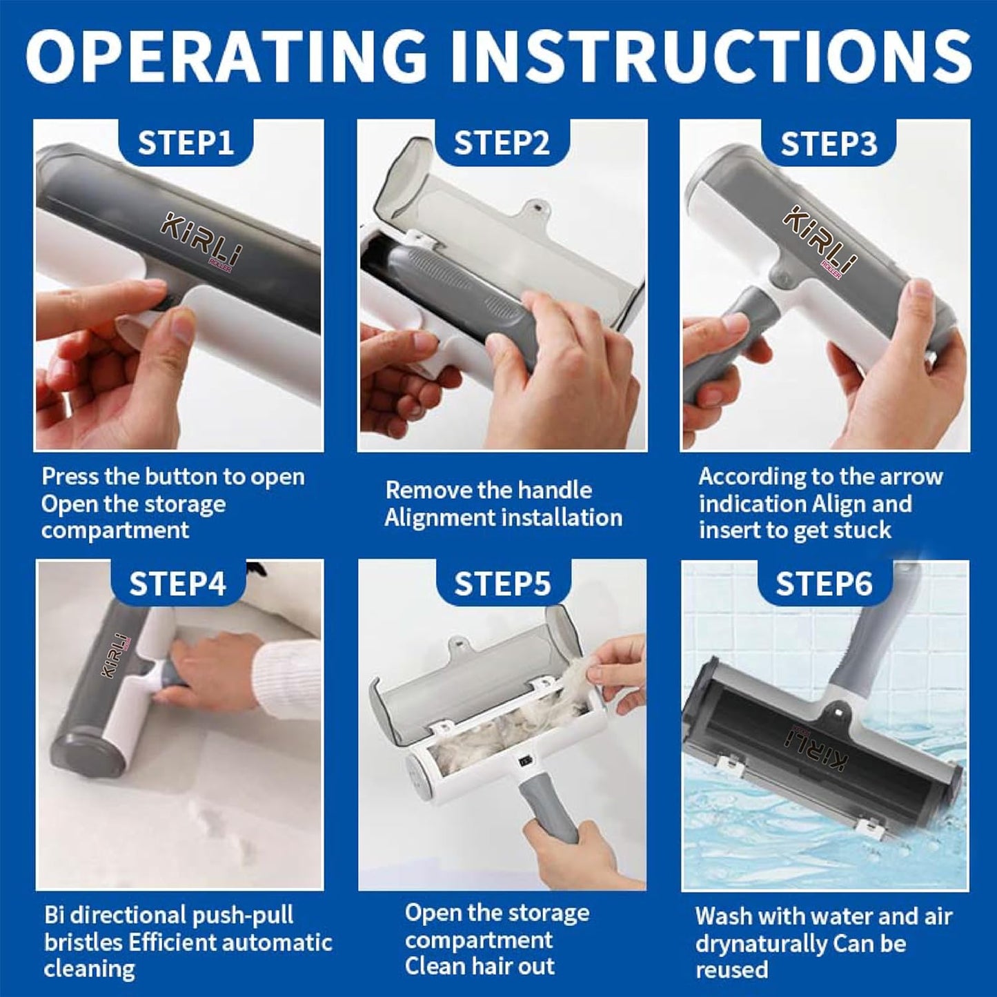 KIRLI Roller Pet Hair Remover and Reusable Lint Roller – Furniture, Couch, Carpet, Clothing and Bedding Cat and Dog Hair Remover – Portable Multi-Surface Fur Removal Tool (Gray)