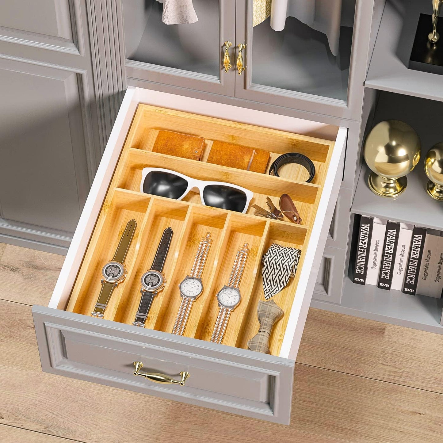Flatware Organizer Silverware Drawer Organizer - 7 Slots Bamboo Cutlery Tray Multipurpose kitchen Drawer Organizer for Silverware, Utensils, Cutlery, Flatware, Knives W13”x L17” (Yellow)