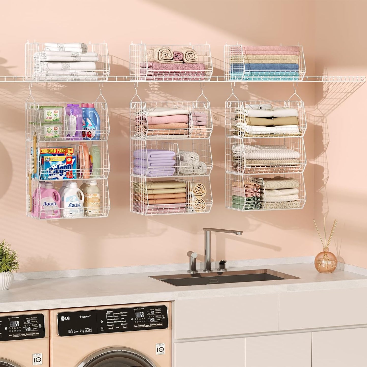 3 Tier Extra Large Closet Hanging Shelves with Divider, 16.5"L x 11.8"W x 33.6"H Closets Organizers and Storage with 5 S Hooks, Clothes Organizer for Sweaters Shoes Handbags Clutches Accessories-White