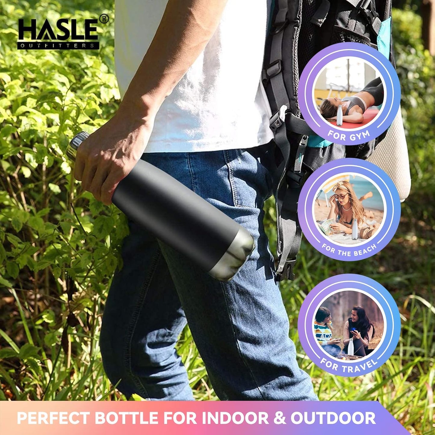 HASLE OUTFITTERS 17oz Stainless Steel Water Bottles, Vacuum Insulated Water Bottles Double Walled Reusable Metal Sports Water Bottles Keep Drinks Hot and Cold, Black, 1Pack