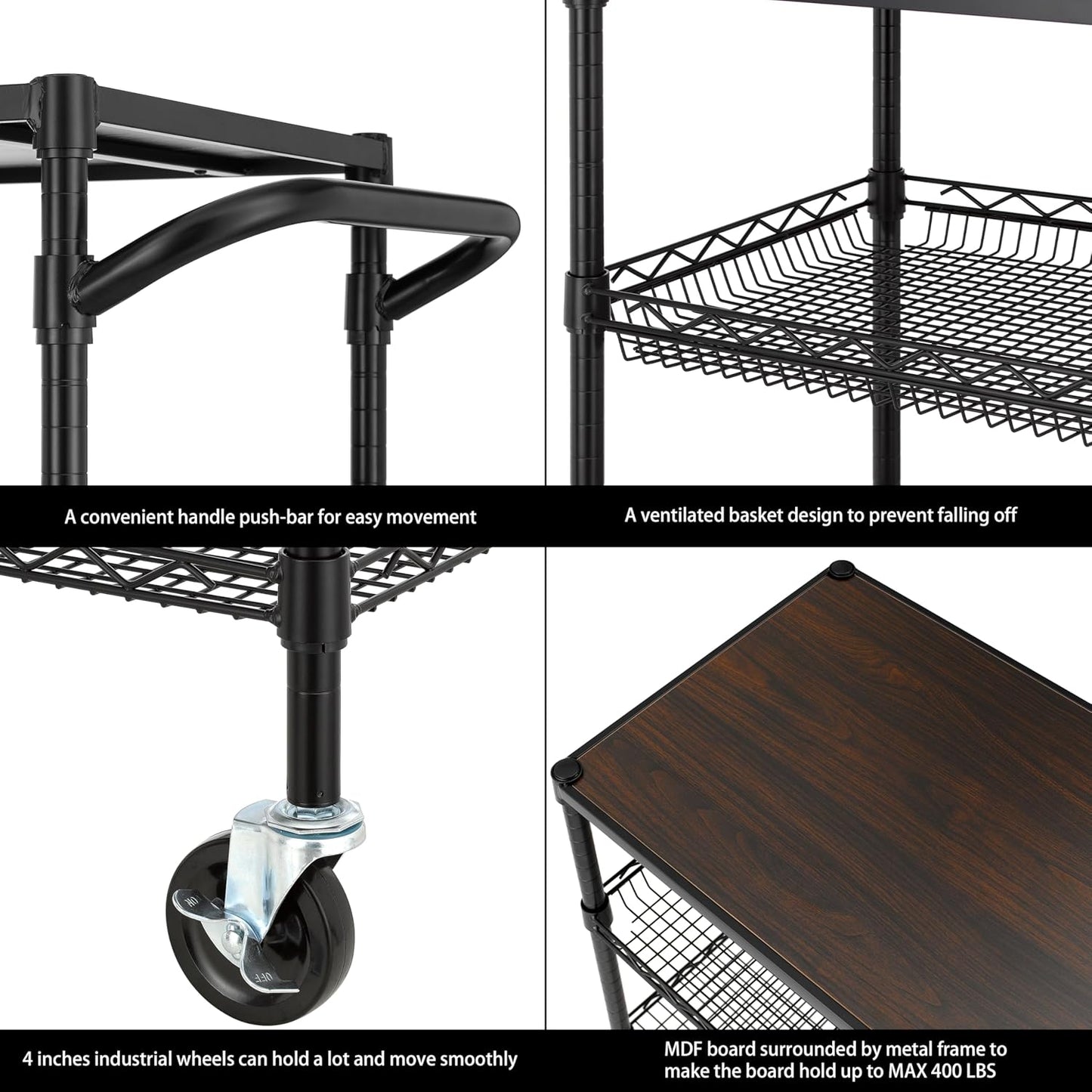 Finnhomy 3 Tier Heavy Duty Commercial Grade Utility Cart with Wood Top, Wire Rolling Cart with Wheels and Handle Bar, Kitchen Carts on Wheels, 18x36x35.4 H Metal Cart with 600 LBS Capacity, Black