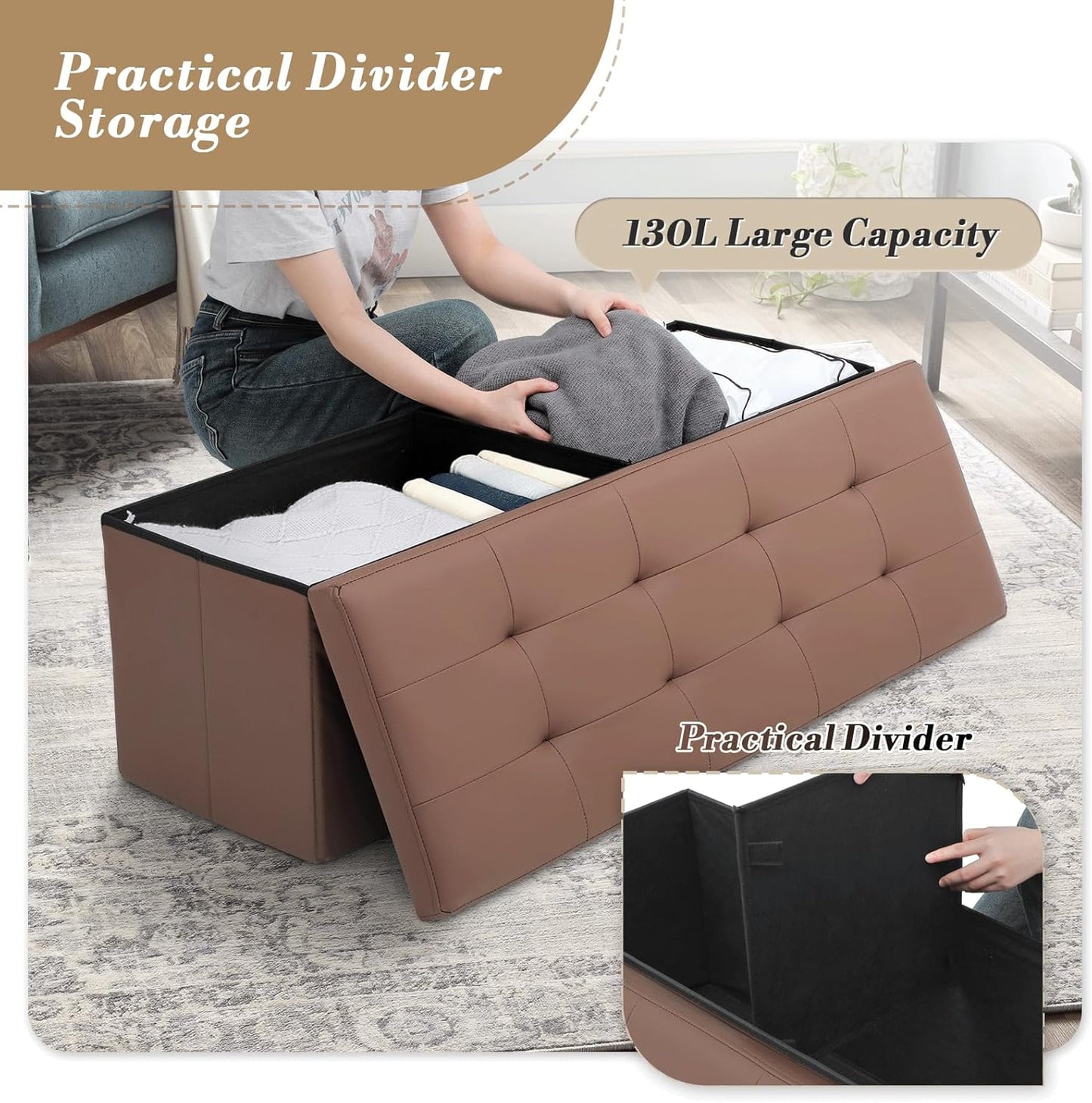 Athena Collection 43" Storage Ottoman Bench Folding Bench with 130L Hidden Storage, Large End of Bed Bench PU Leather Foot Rest Stool Chest with Flipping Lid for Living Room, Bedroom, Entryway, Brown