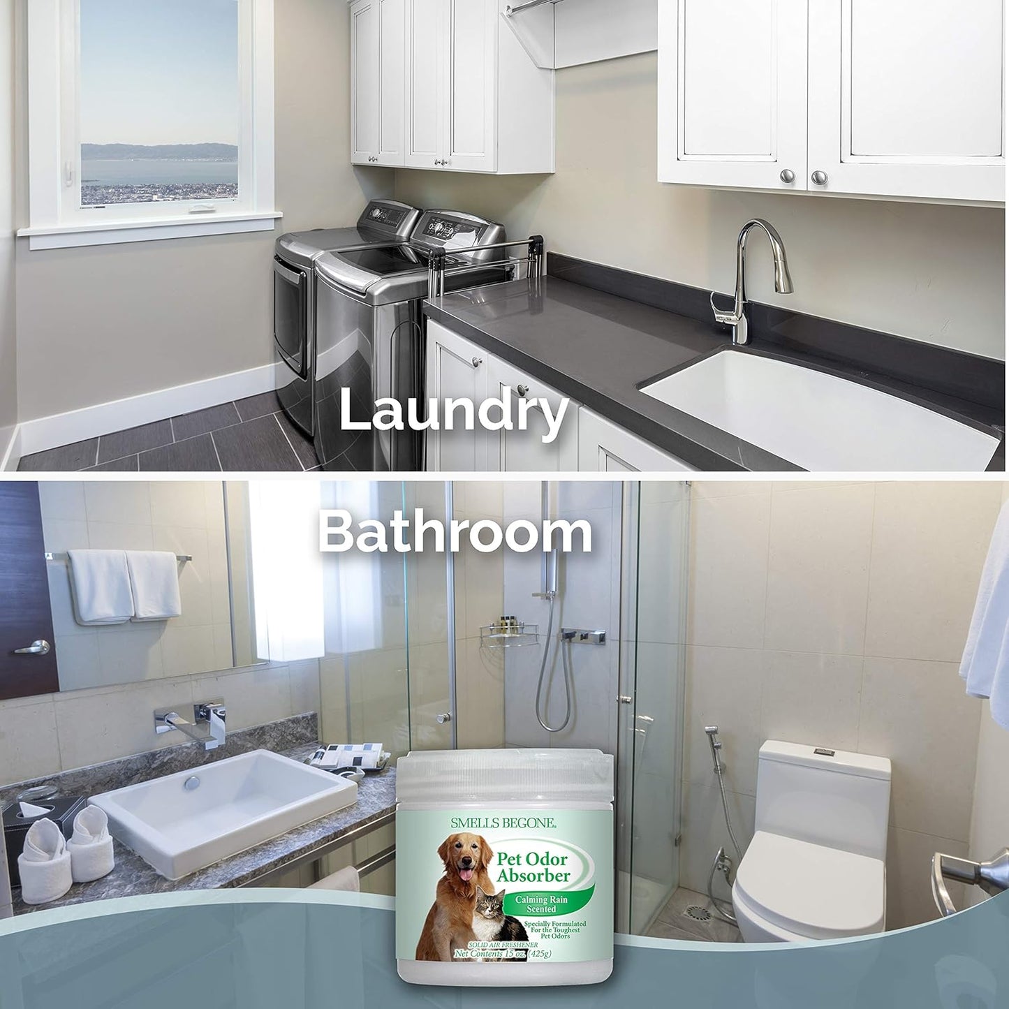 SMELLS BEGONE Air Freshener Odor Absorber Gel - 15 oz, Pack of 2 - Absorbs and Eliminates Odor in Pet Areas, Bathrooms, Cars, & Boats - Made with Essential Oils - Calming Rain Scent