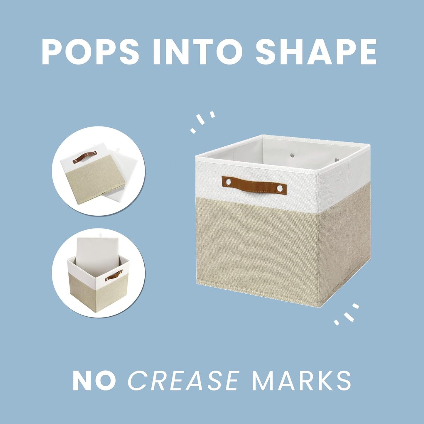 OrganiHaus 13x13 Cube Fabric Storage Bins Set of 4, Fabric Storage Cubes w/ Vegan Handles, 13 inch Collapsible Bins for Clothes & Toy Organizer, Cubbies Organizer, 13x13 Basket for Decor - Beige/White