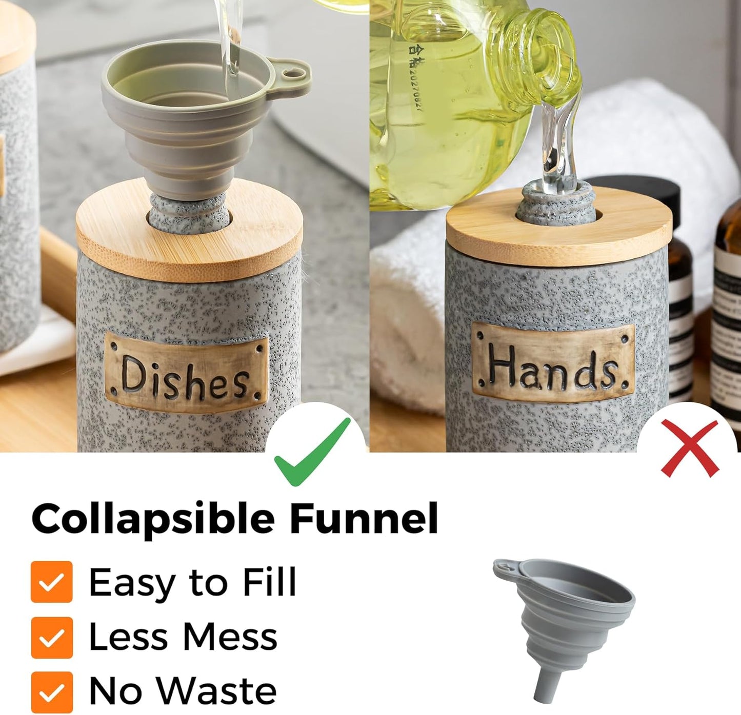 Kitchen Soap Dispenser Set, Ceramic Hand and Dish Soap Dispenser for Bathroom, Includes Instant Dry Tray, Collapsible Funnel, 15 Oz, Black