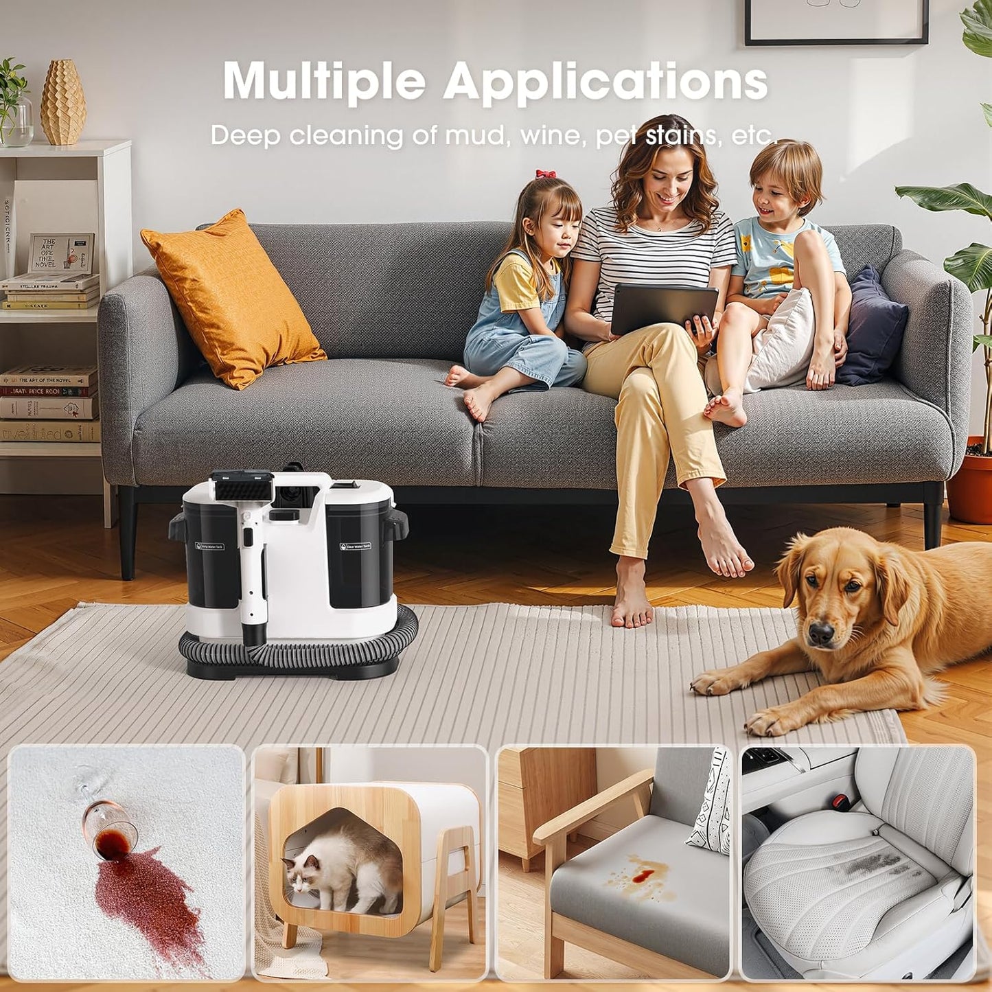 Upholstery Cleaner Machine - 13.5Kpa Suction Couch Cleaner Machine, Handheld Portable Carpet Cleaner with Self-Cleaning and 450W Motor for Pet Stain, Couch, Stair, Car Seat and Area Rug