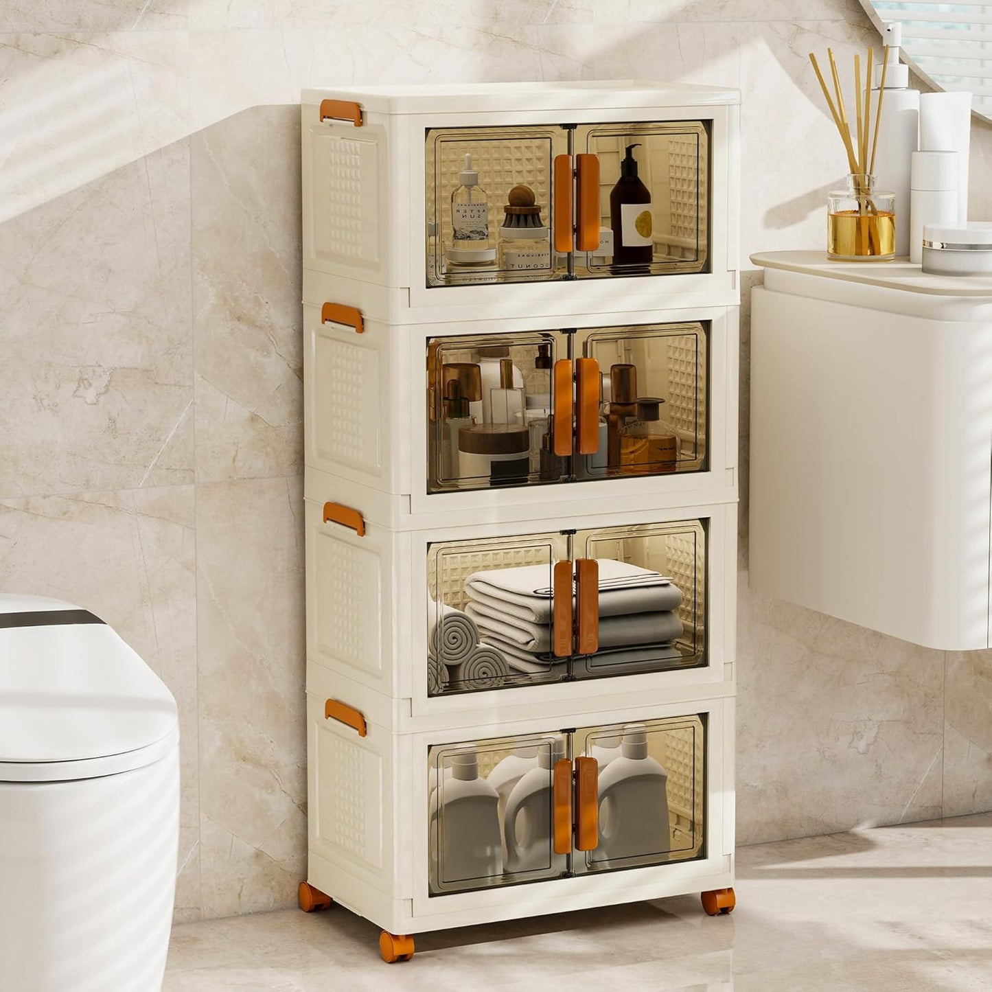 4 Tier Stackable Plastic Storage Bins with 1 Lid 35 QT/Tier, Collapsible Plastic Box Storage Bin with Wheels, Home Containers Boxes Closet Organizers for Living Room, Office, Dorm