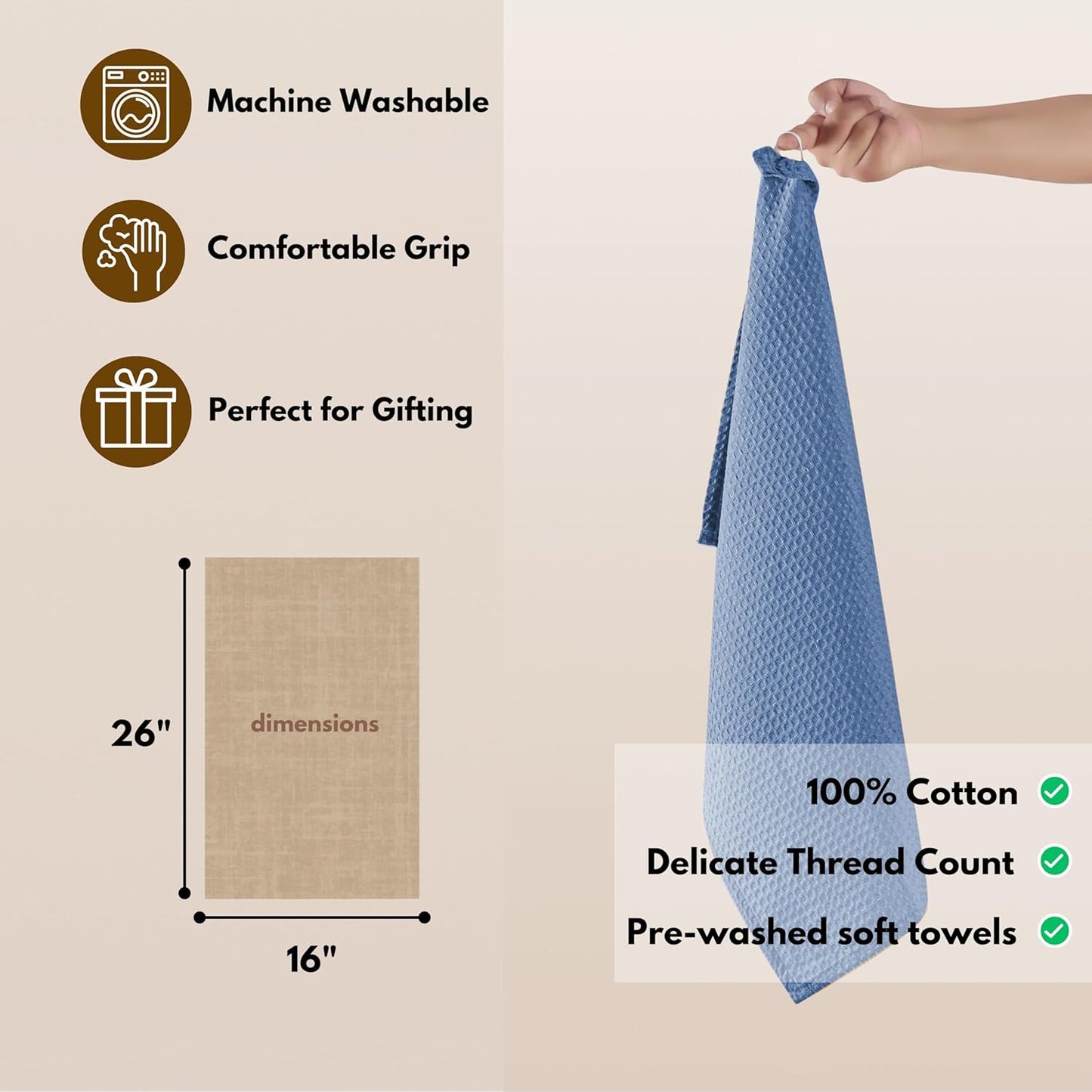 Native Fab Cotton Kitchen Towel with Hanging Loop 16x26 inches, 6-Pack, Waffle Weave Kitchen Towels for Cleaning Drying, Washcloths Soft & Absorbent Cloth Rags, Bar Towel, Dish Cloth, Sky Blue