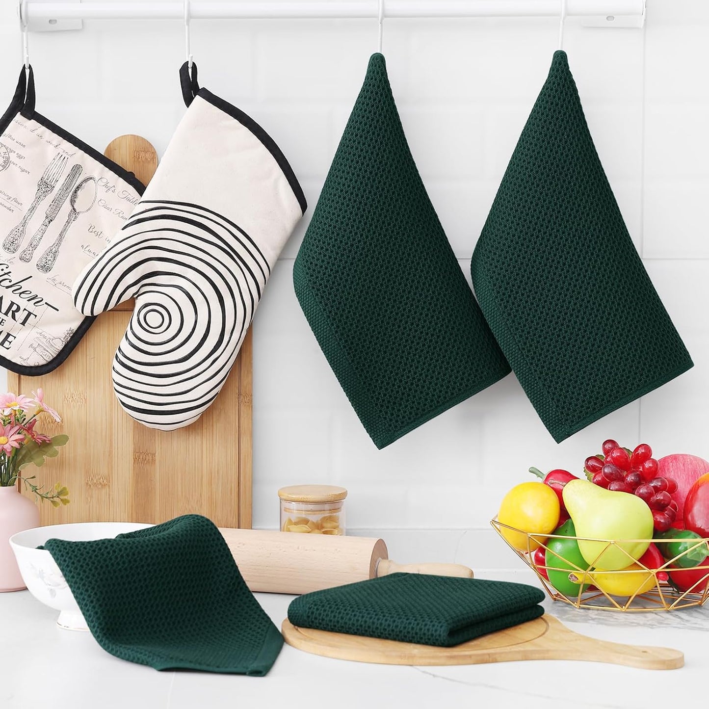 Homaxy 100% Cotton Waffle Weave Kitchen Dish Cloths, Ultra Soft Absorbent Quick Drying Dish Towels, 12 x 12 Inches, 8-Pack, Blackish Green