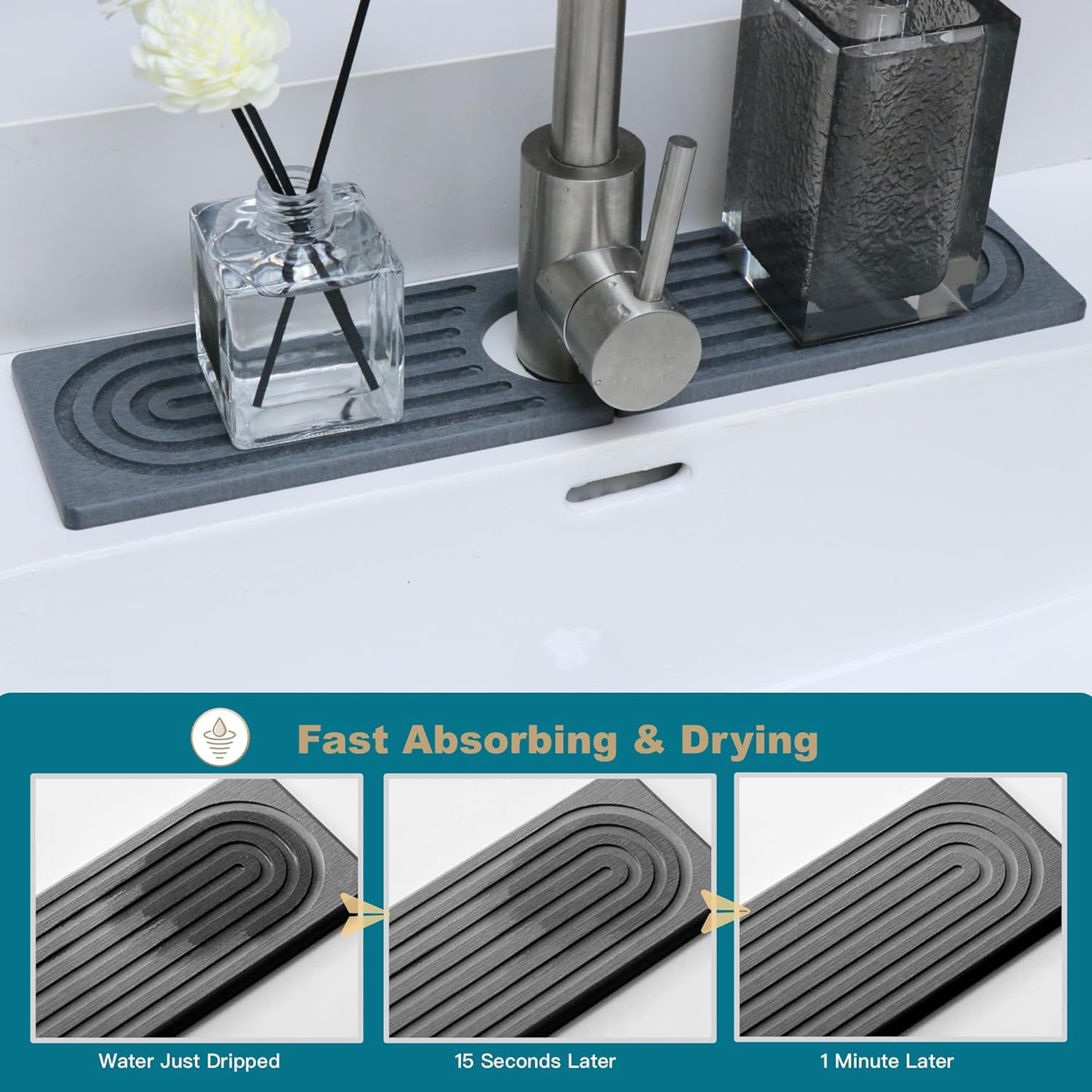 Absorbent Faucet Mat, Sink Caddy Kitchen Sink Organizer, Kitchen Counter Decor, Quick Dry Stone Mat Kitchen, Water Absorbing Stone Tray for Sink, Kitchen Soap Tray, Stone Sink Mat (DARK GREY, 15.8*4")