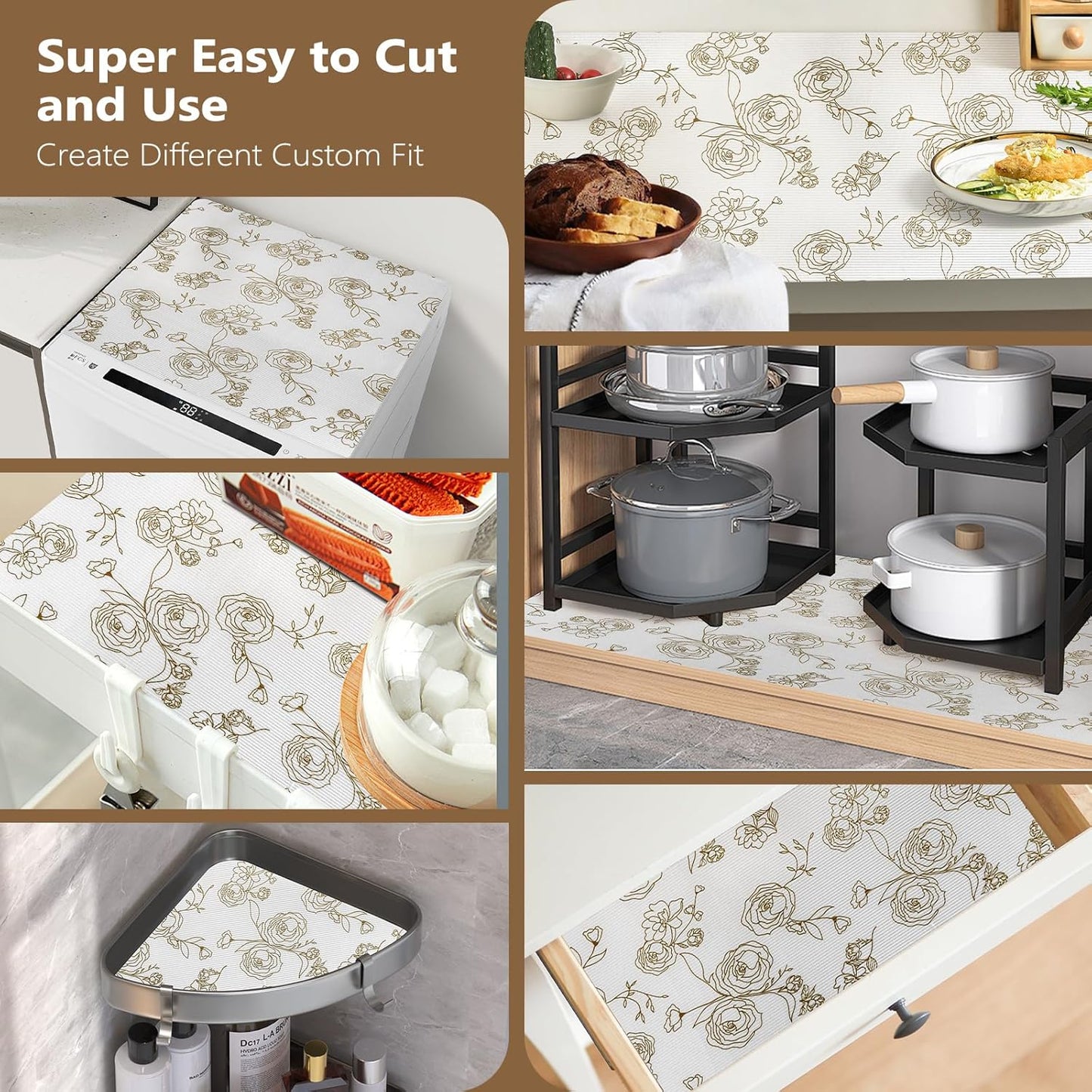 Shelf Cabinet Liner for Kitchen- Non Adhesive Drawer Liner Refrigerator Liner, Premium Waterproof Shelf Paper Protect Surface, Non Slip Easy to Clean Durable EVA Material, Gold Roses, 11.8 in x 20FT