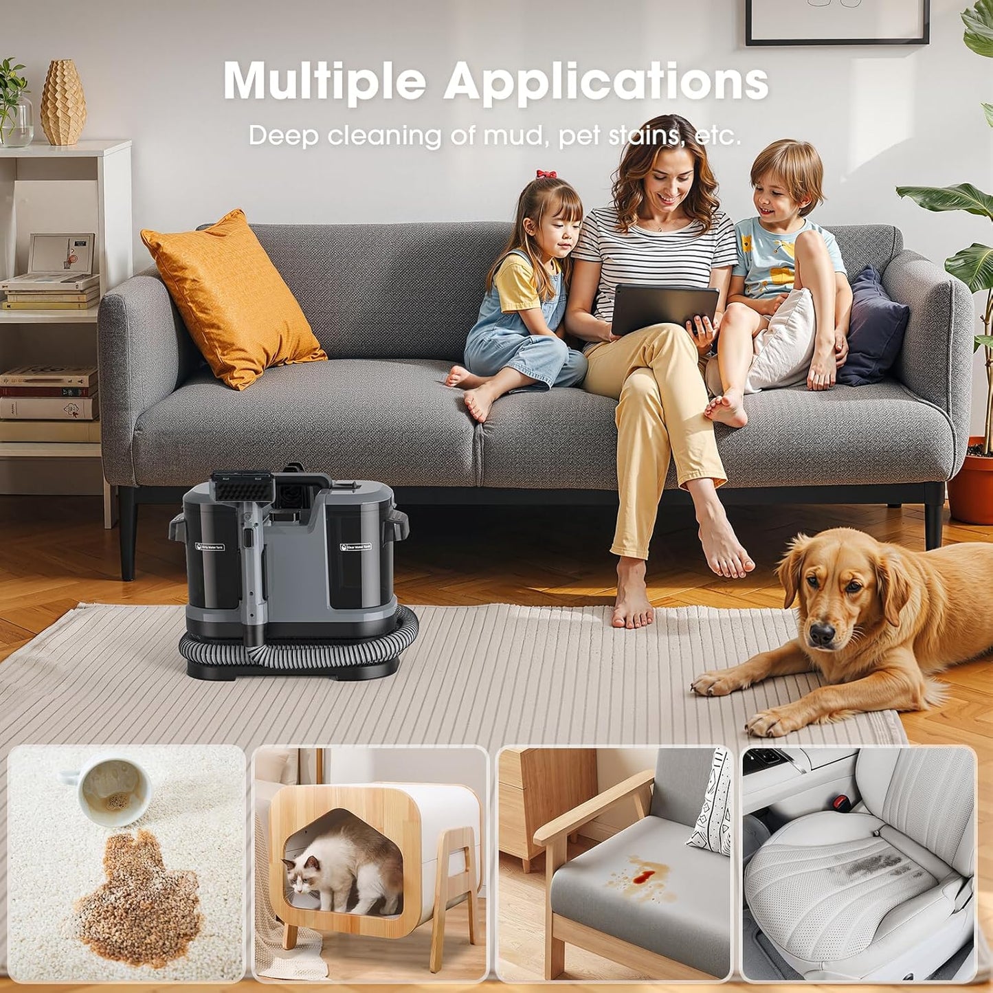 Upholstery Cleaner Machine - 13.5Kpa Suction Couch Cleaner Machine, Handheld Portable Carpet Cleaner with Self-Cleaning and 450W Motor for Pet Stain, Couch, Stair, Car and Area Rug (Grey)