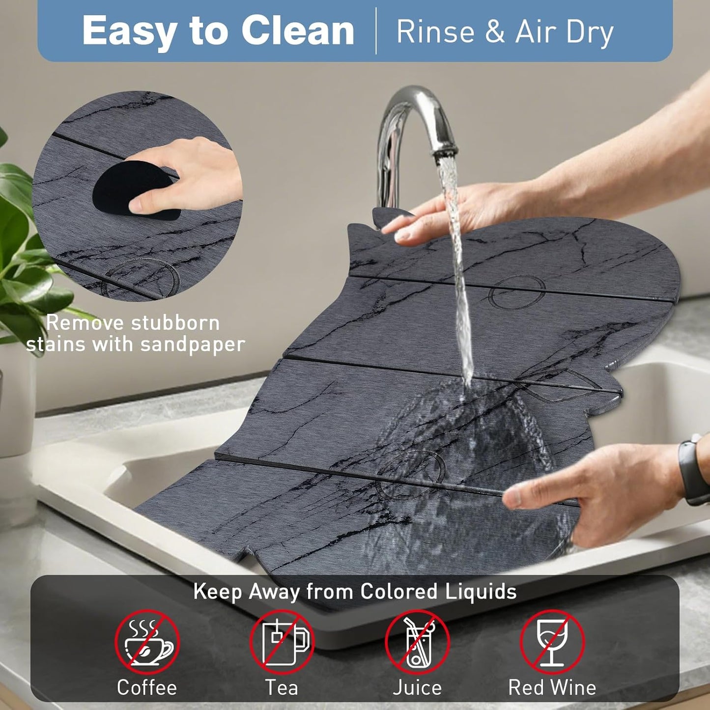 Large Stone Dish Drying Mat for Kitchen Counter,24"(L)×16"(W) Quick Dry Absorbent Diatomaceous Earth Dish Drying Mats,Owl Shape Design Drying Pads for Cups Dishes Bottles (DarkGray)