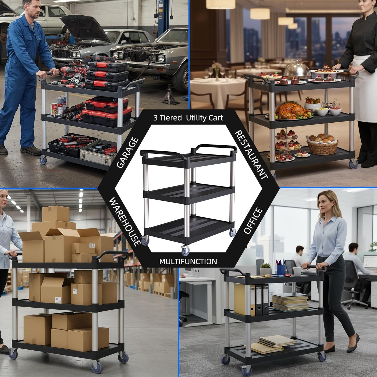 Plastic Utility Cart with Anti-Tangle Wheels, Solid Armrests, 350 Lbs Heavy Duty Capacity, 3-Tier Rolling Serving Cart for Home, Office, Restaurant, Warehouse.34.2" × 17" × 37"