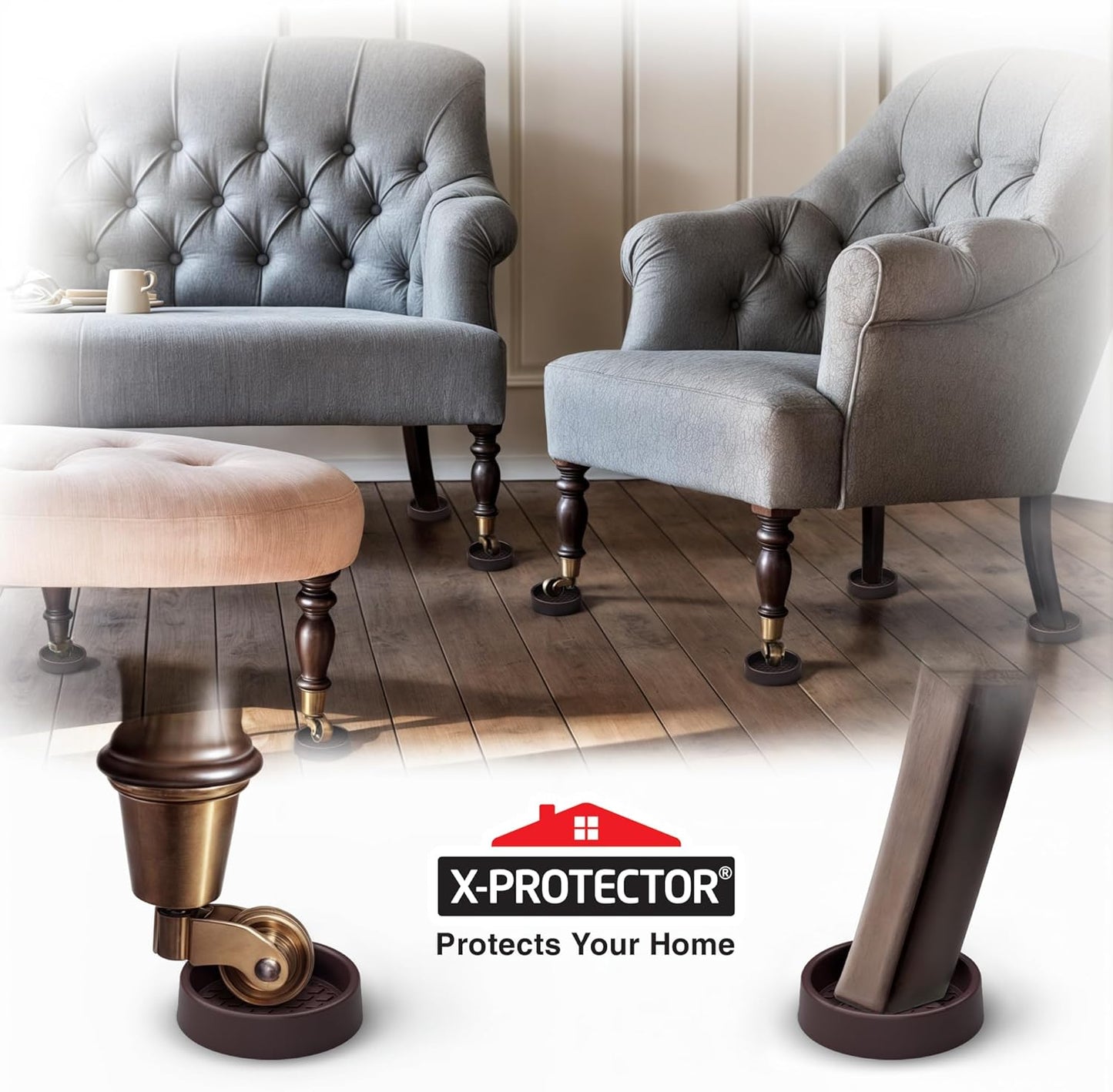 Furniture Cups X-PROTECTOR – 2.5" Caster Cups 8 PCS – Round Furniture Coasters – Ideal Bed Stoppers – Non Skid Furniture Pads with a Perfect Design – Rubber Furniture Pads - Protect Any Flooring!