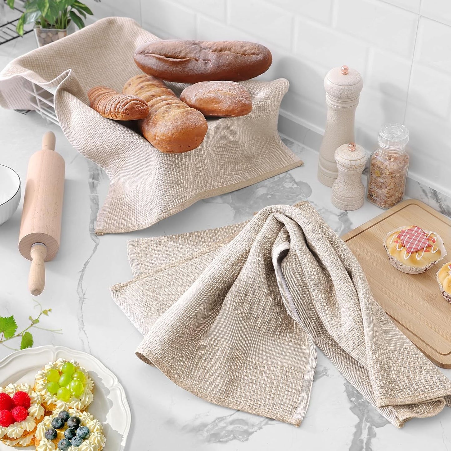 Homaxy Premium Kitchen Towels(18”x 28”, 6 Pack), Large Cotton Kitchen Hand Towels, Flat and Terry Dish Towels, 380 GSM Highly Absorbent Tea Towel Set with Hanging Loop, Grey/Khaki/Black