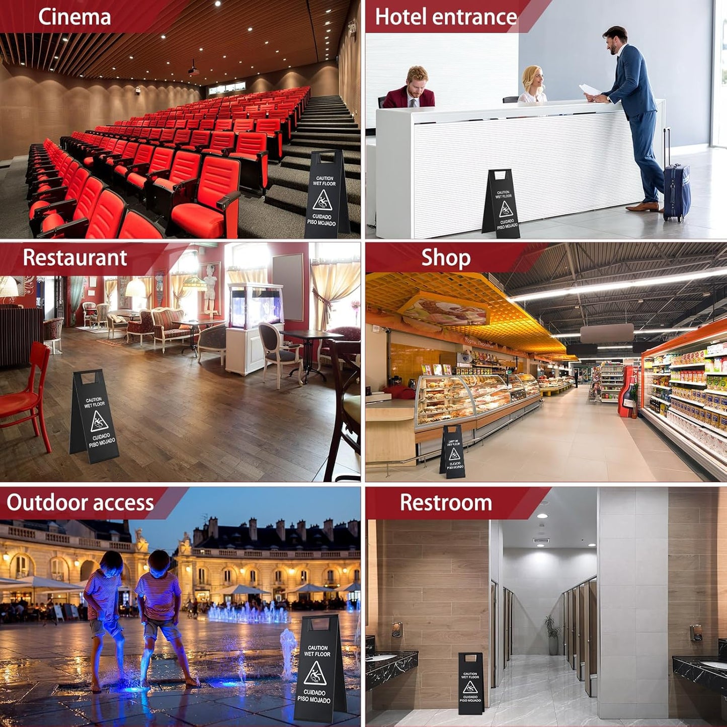 Stainless Steel Wet Floor Caution Sign Bulk 8.8 Pound Portable Foldable Handle Bilingual Safety Sign for Kitchen Restaurant Supermarket Shop Commercial Use Avoid Fall and Slip Accident (Black)