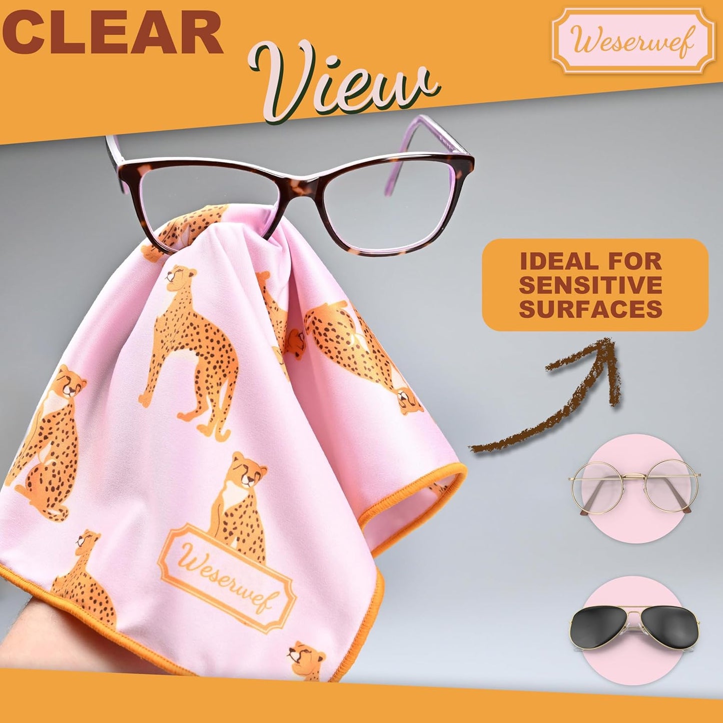 WESERWEF Design Microfiber Glasses Cleaning Cloth – Premium Cleaning Cloth for Eyeglasses, Screens, Tablets, Cameras & Lenses, 12" x 12", Ultra-Soft & Scratch-Free (Leo Pink)