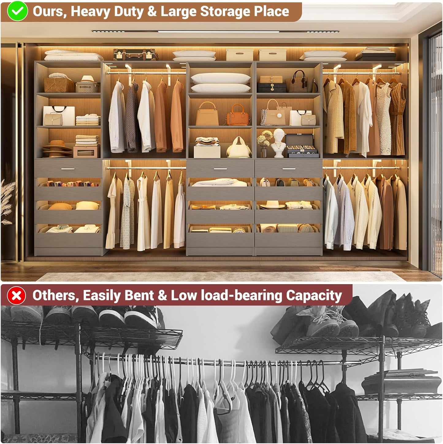 Aheaplus Closet System Set of 3, 138.5" Wood Closet Organizer System Tower with 12 Drawers & 4 Hanging Rods, 6.7+4.85Ft L Shaped Walk-in Closets Wardrobe Organizer Garment Rack with Shelves, Grey