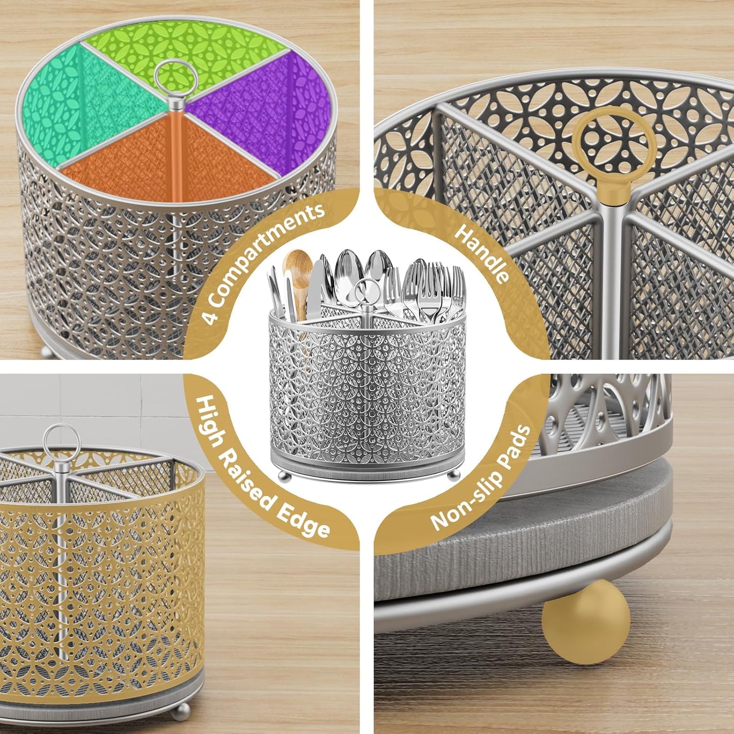 Rotating Utensil Holder for Kitchen - Silverware Caddy Fast-Drying Flatware Organizer 4 Compartment Large Cutlery Holder Utensils Caddy with Handle For Kitchen Countertop Party Picnic Table Silver