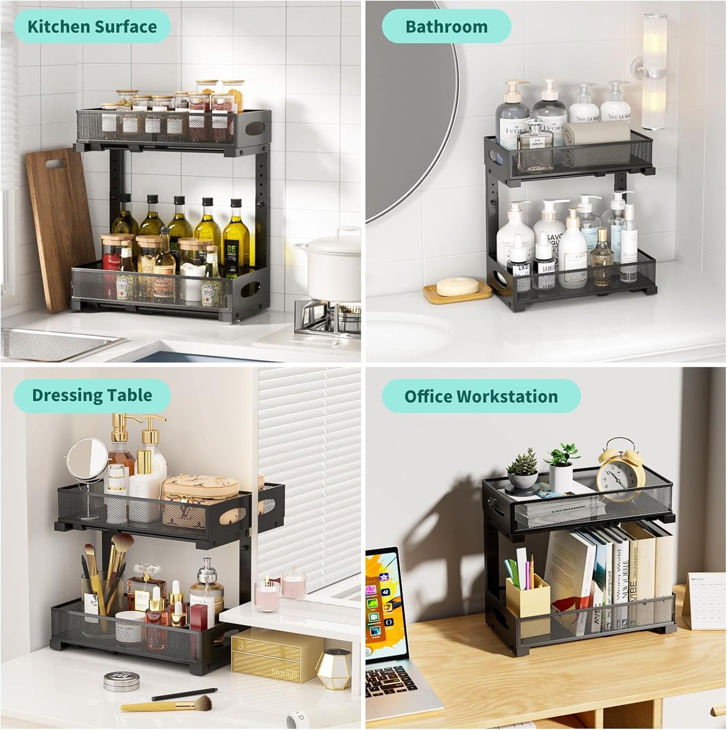 Under Sink Organizer, 1-Pack of 2-Tier Metal Slide Out Pull Out Cabinet Organizer Shelf, Height Adjustable Organization and Storage Series, Bathroom/Desktop/Cabinet/Kitchen organization, Black