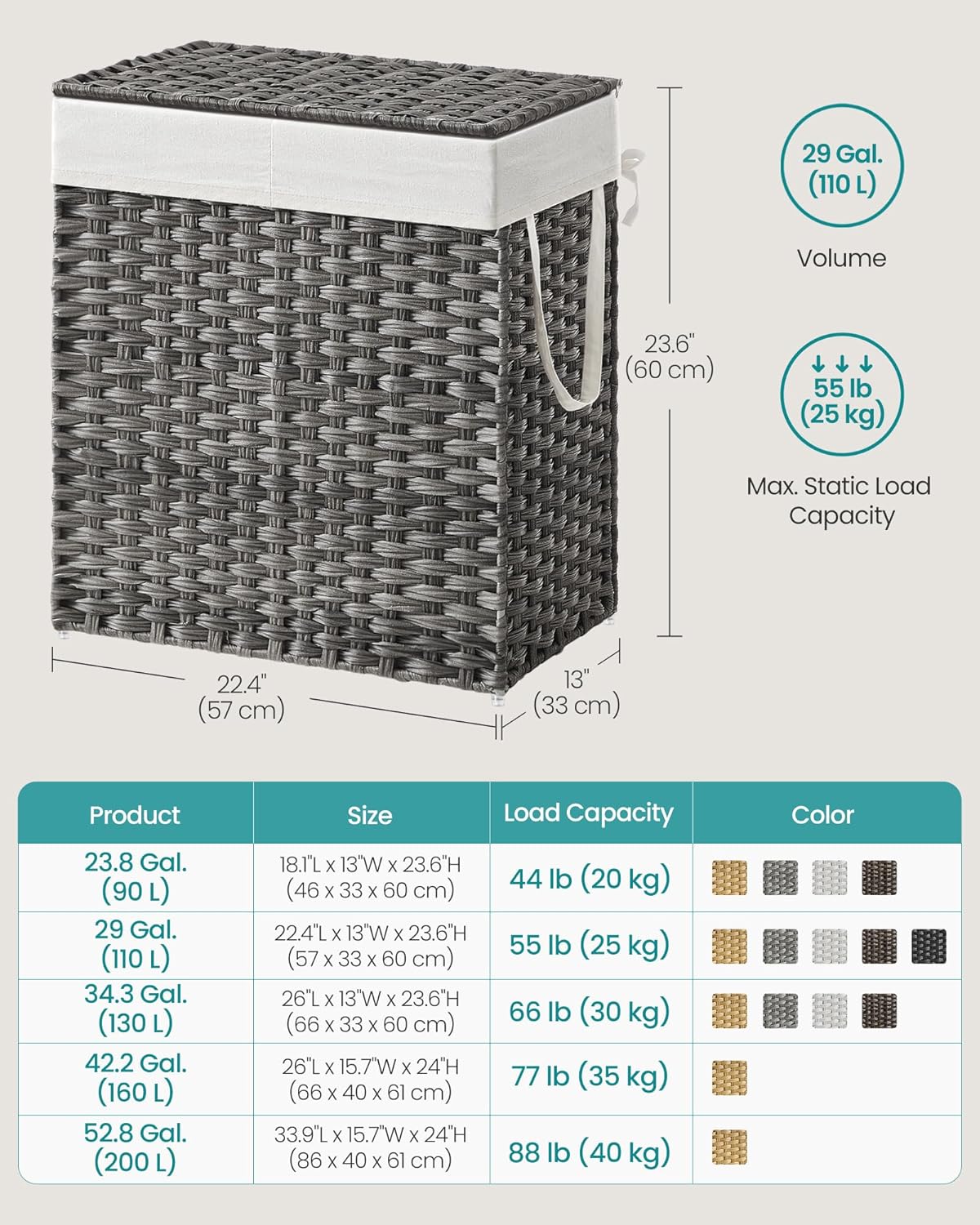 SONGMICS Laundry Hamper with Lid, 110L Clothes Hamper with 2 Removable Liner Bags, 6 Mesh Bags, Wicker Laundry Basket, Double Laundry Hamper for Bathroom, 13 x 22.4 x 23.6 Inches, Gray ULCB52WG