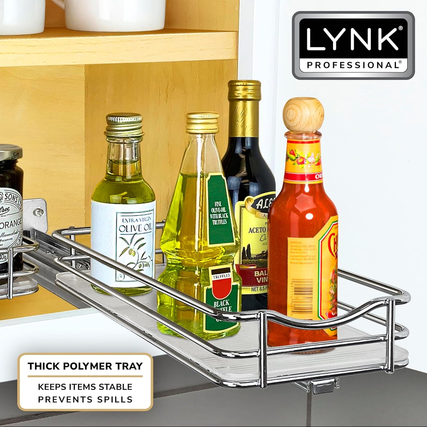 LYNK PROFESSIONAL® Pull Out Spice Rack Organizer for Inside Kitchen Cabinets - 4-1/4 inch Wide - Slide Out Drawer – Chrome Sliding Spice Cabinet Organization Shelf Racks - 1 Tier