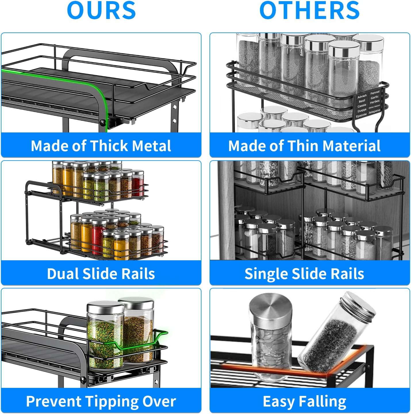 RCHYFEED Spice Rack Organizer for Cabinet, 2 Tier Pull Out Spice Racks for Inside Cabinets & Pantry, Height Adjustable Heavy Duty Vertical Spice Shelf for Seasoning Organizer(9.5" Wx10.5 Dx9.5 H)